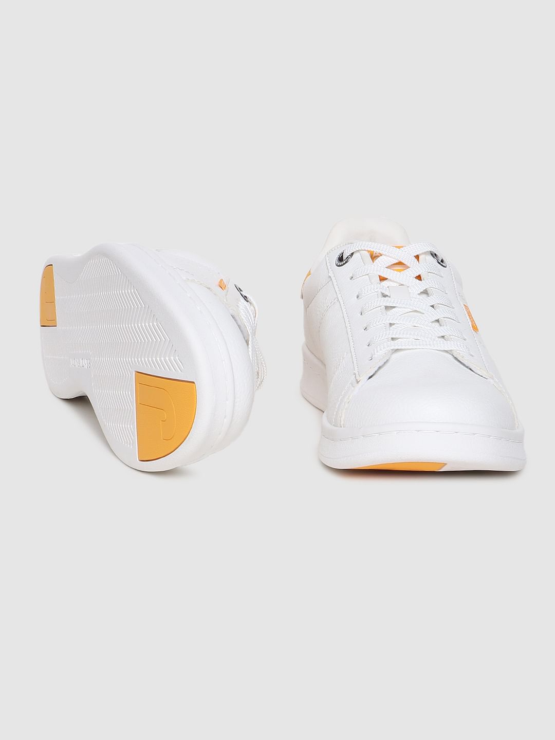 White & Yellow Colourblocked Lace Up Sneakers - 6