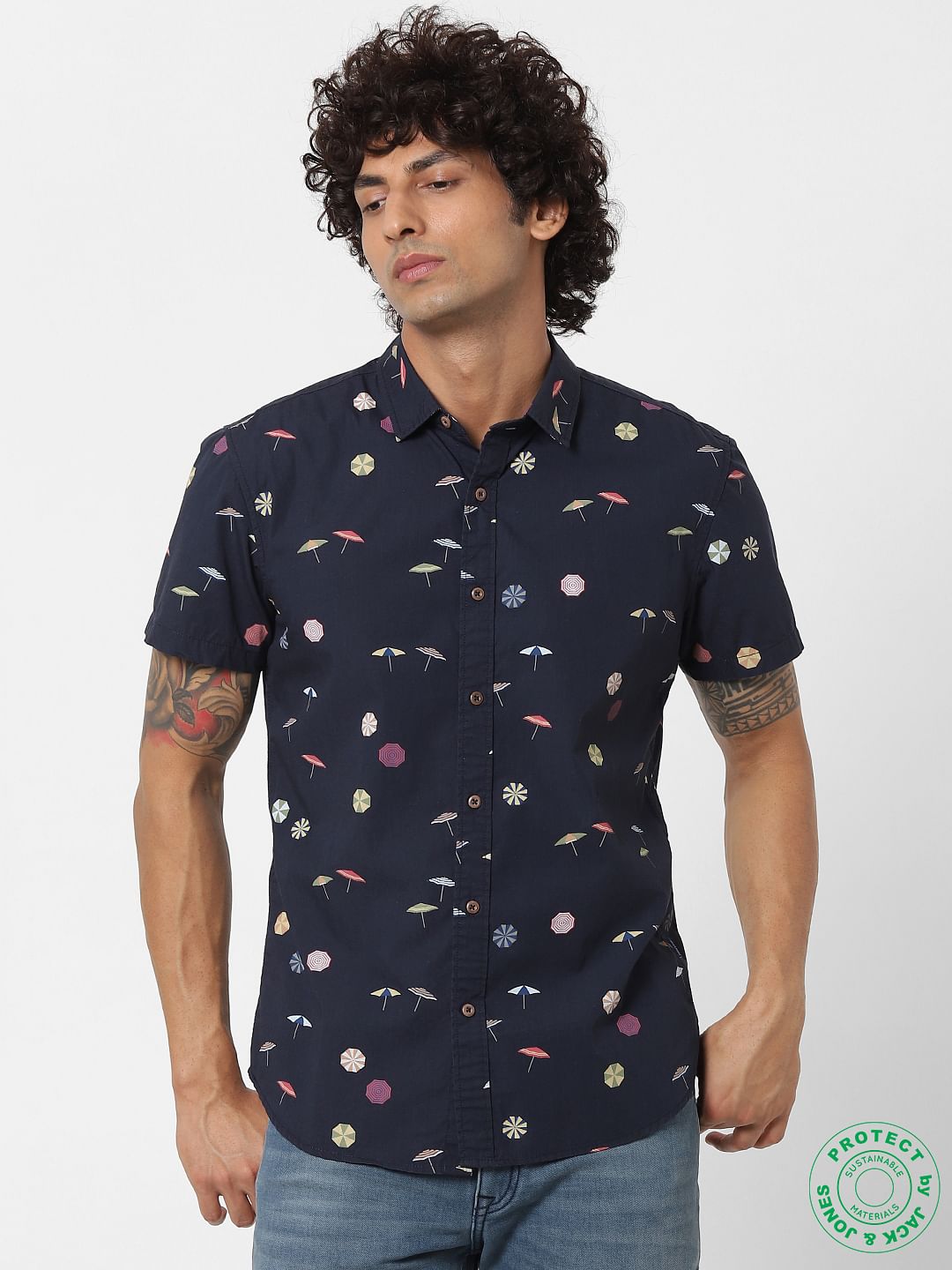 Navy Blue Short Sleeves All Over Print Shirt - S