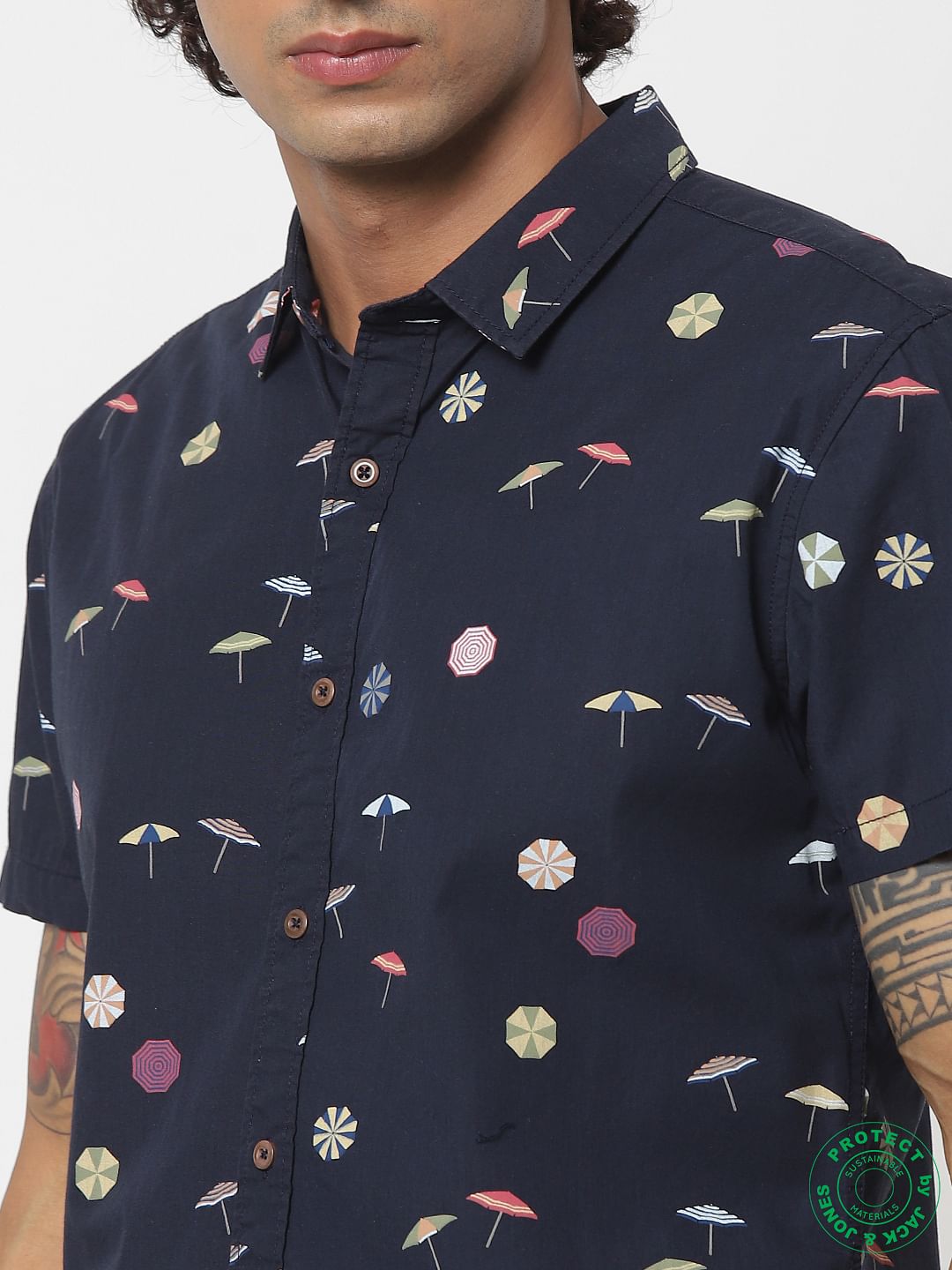Navy Blue Short Sleeves All Over Print Shirt