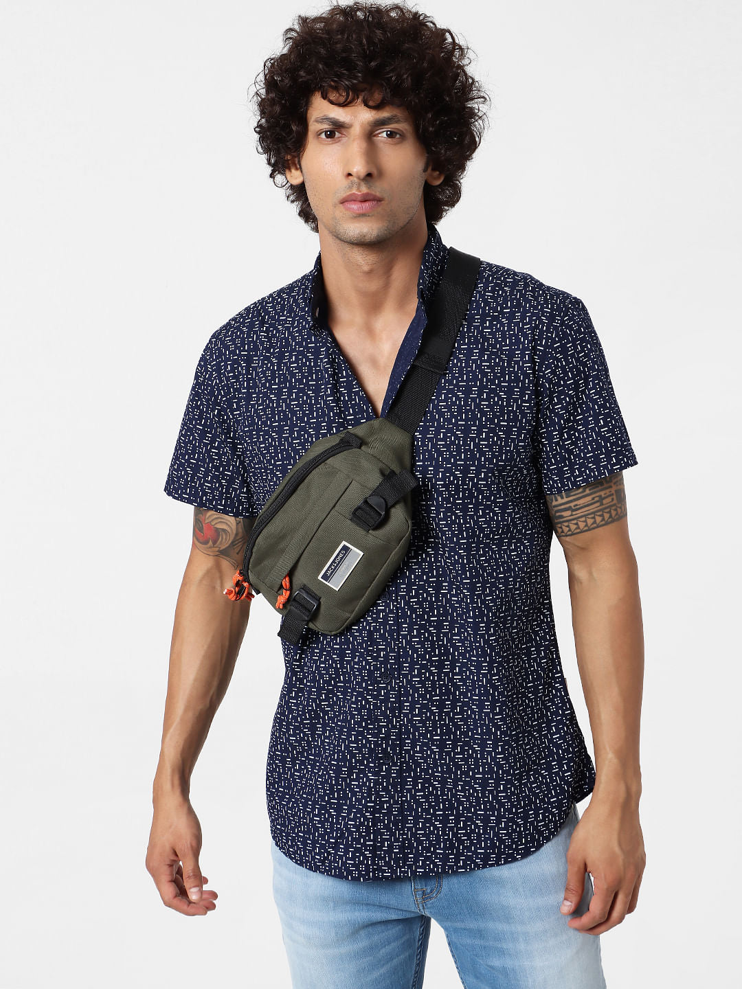 Navy Blue Geometric Print Short Sleeves Shirt - S
