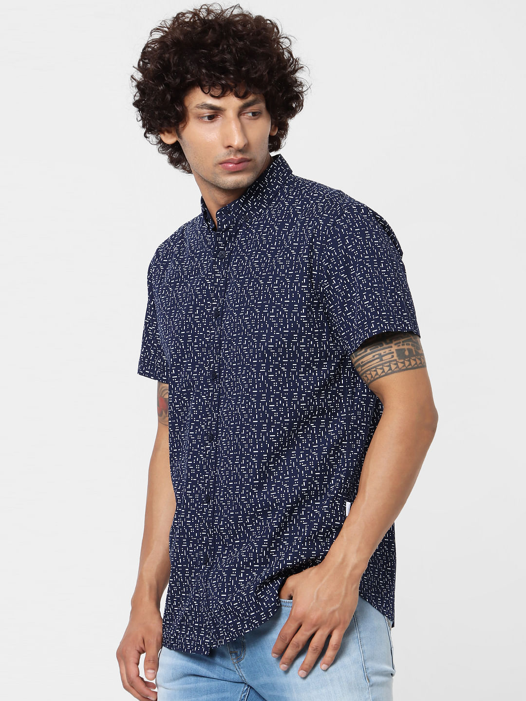 Navy Blue Geometric Print Short Sleeves Shirt