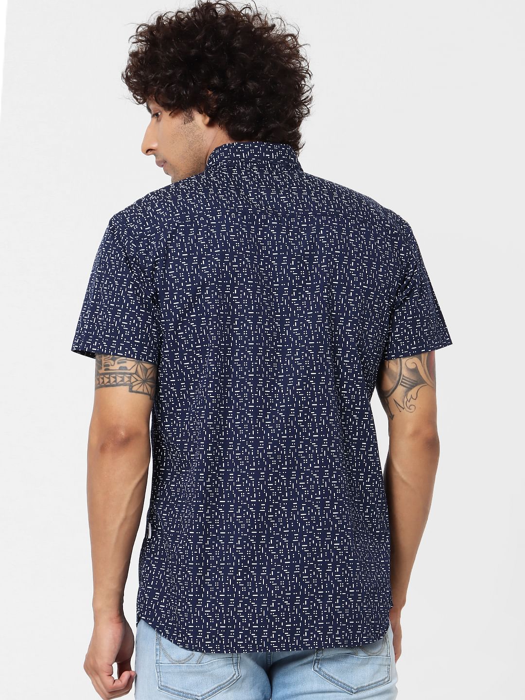 Navy Blue Geometric Print Short Sleeves Shirt