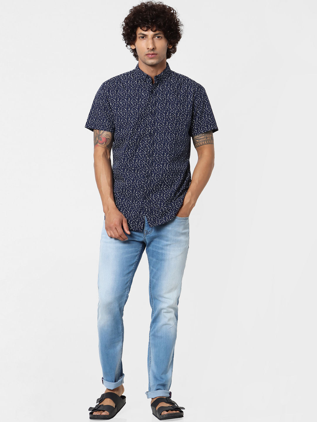 Navy Blue Geometric Print Short Sleeves Shirt