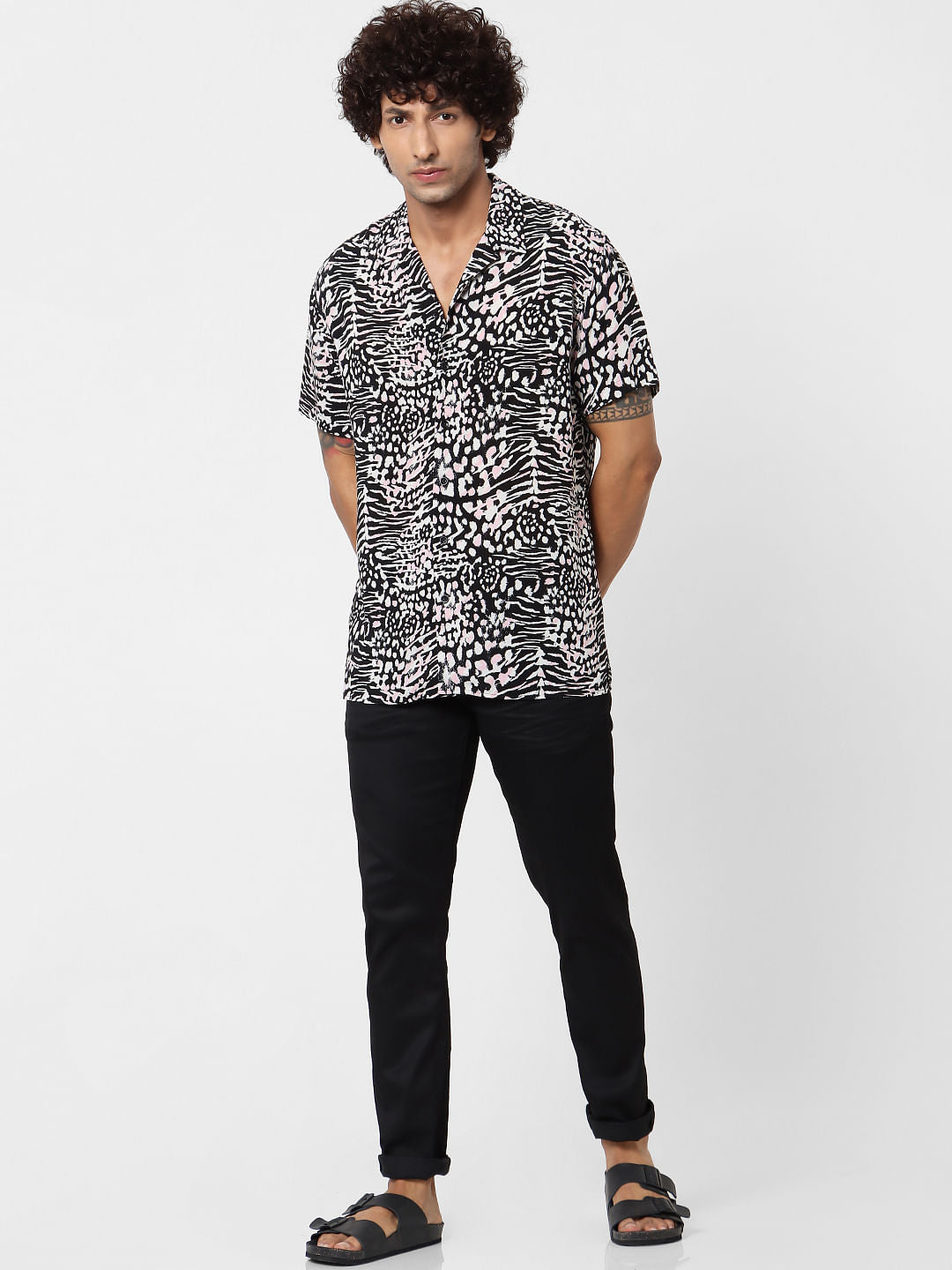 Black Animal Print Short Sleeves Shirt
