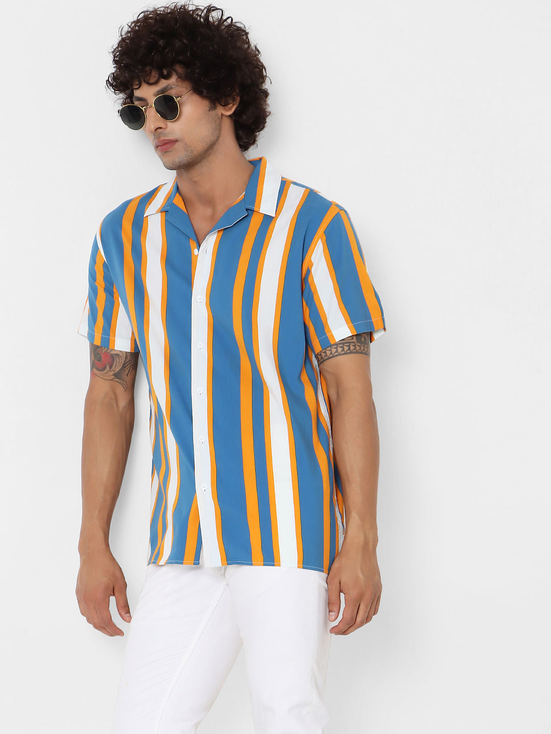 Blue Striped Short Sleeves Shirt - S