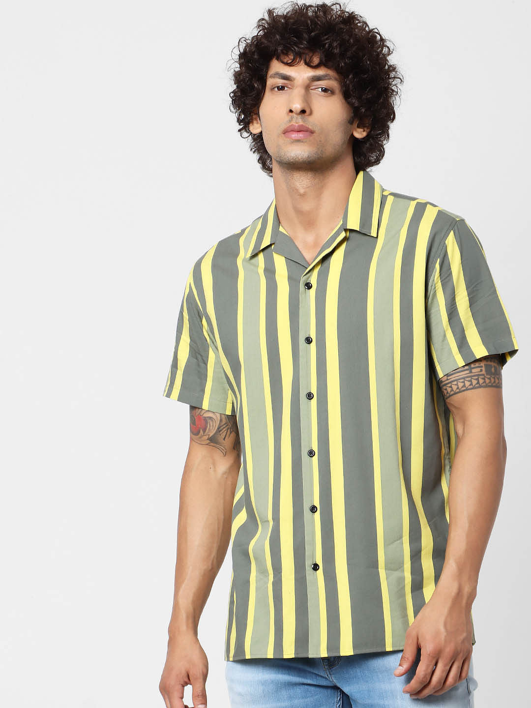 Green Striped Short Sleeves Shirt