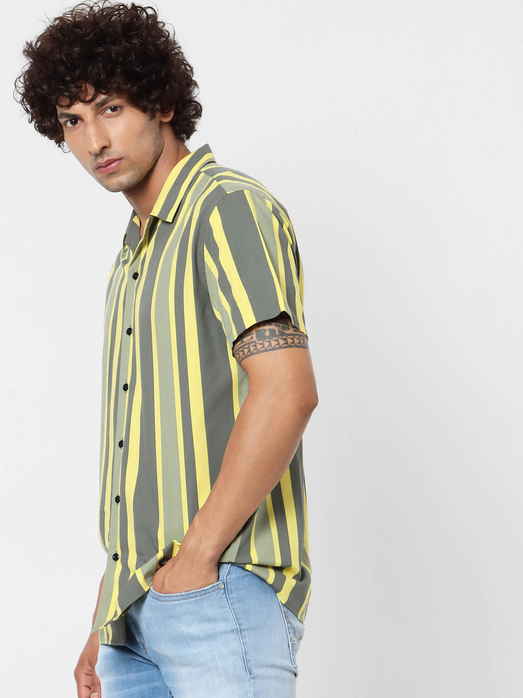 Green Striped Short Sleeves Shirt
