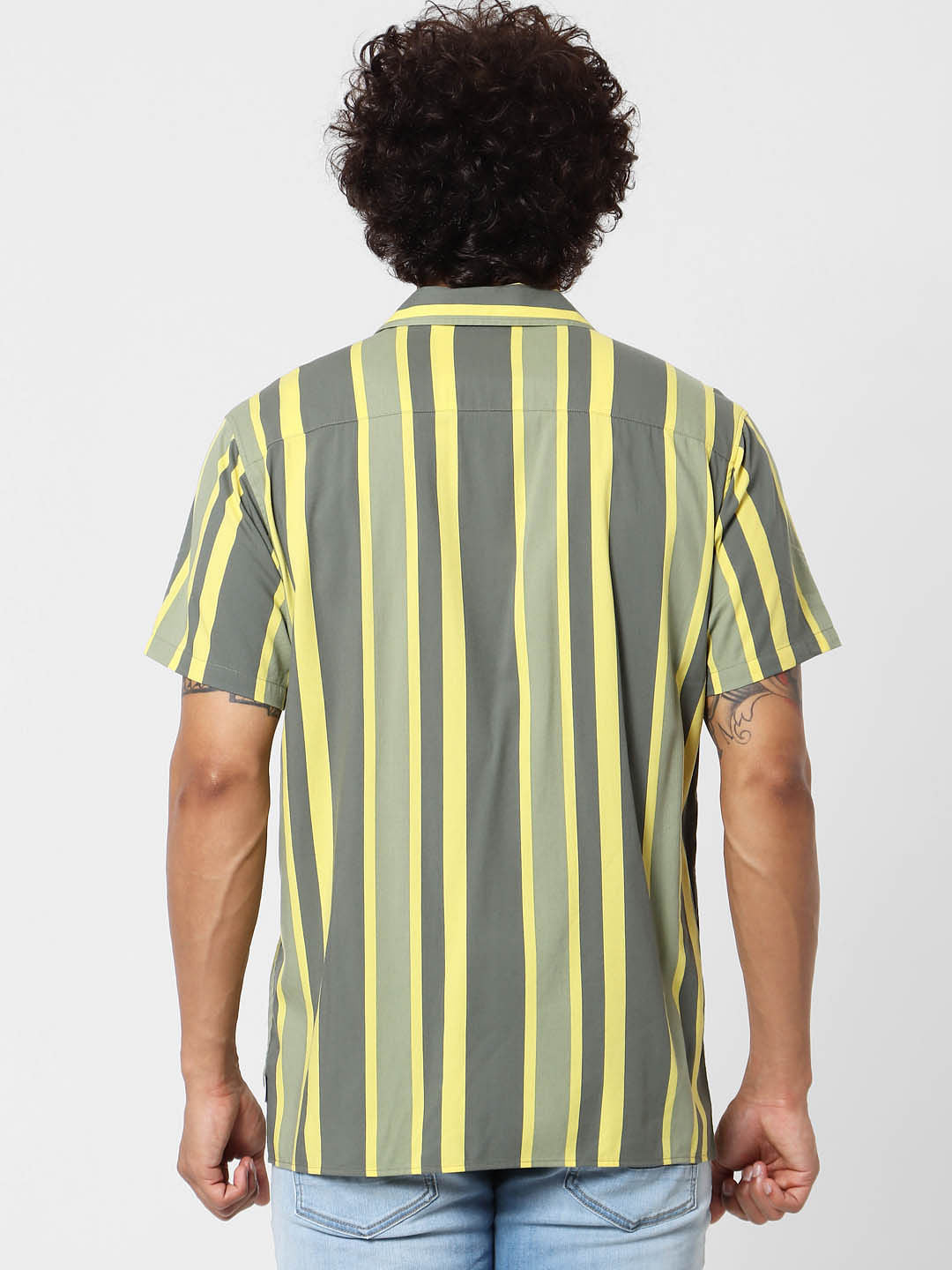 Green Striped Short Sleeves Shirt