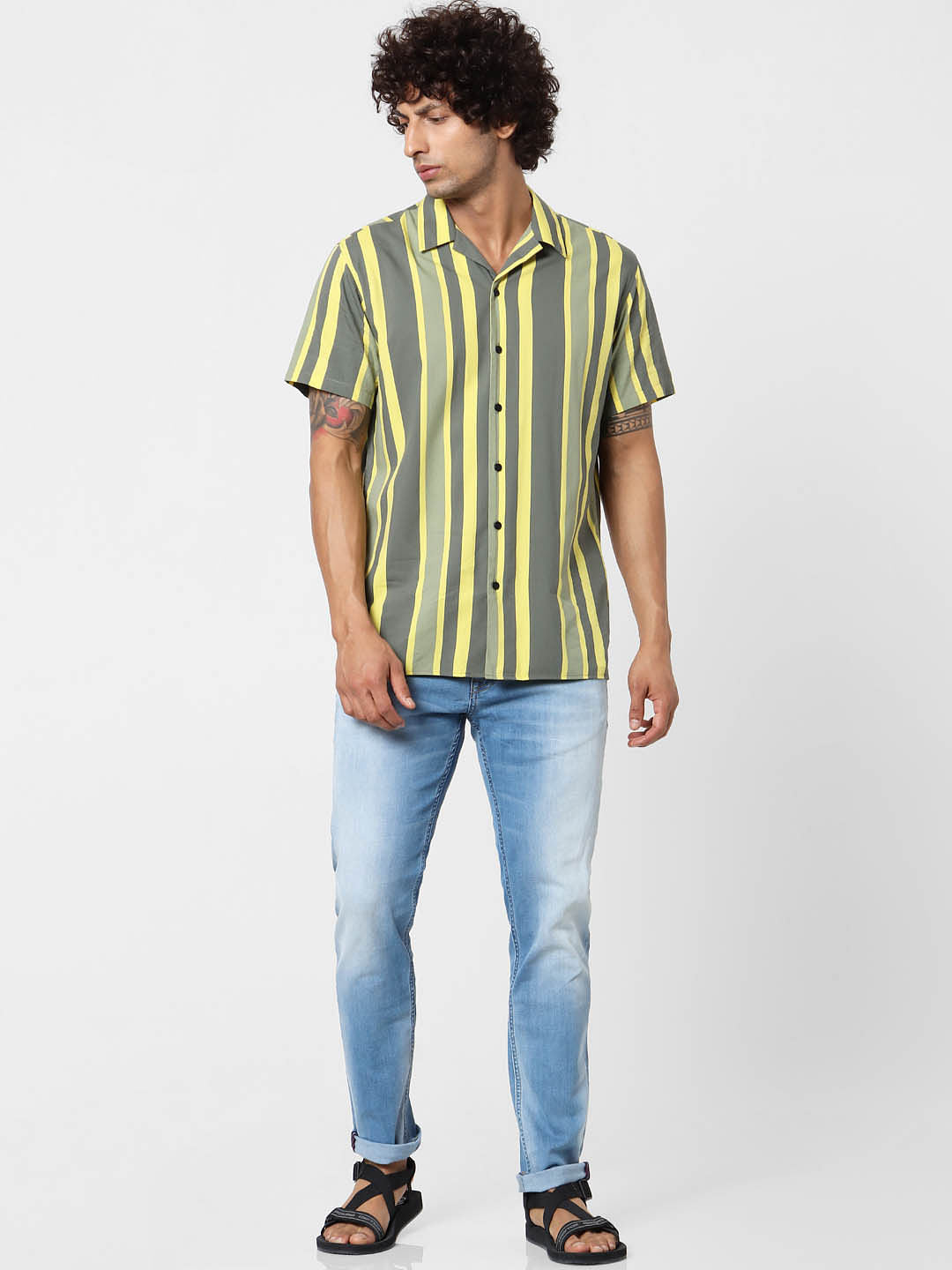 Green Striped Short Sleeves Shirt