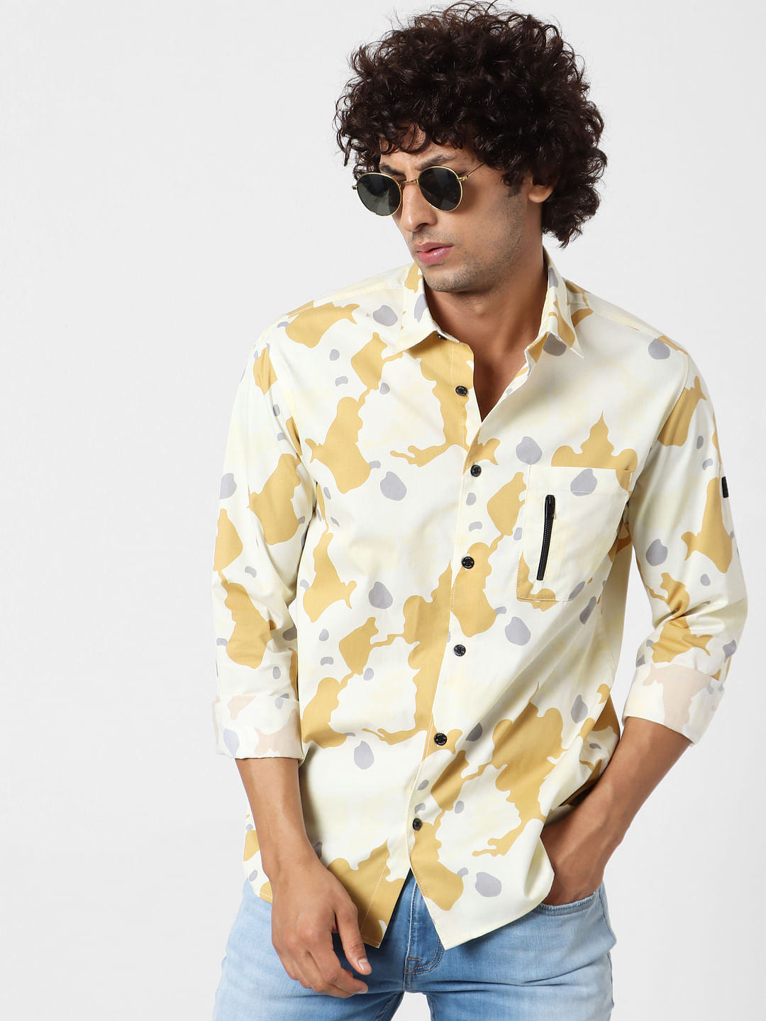 Yellow Abstract Print Full Sleeves Shirt - S