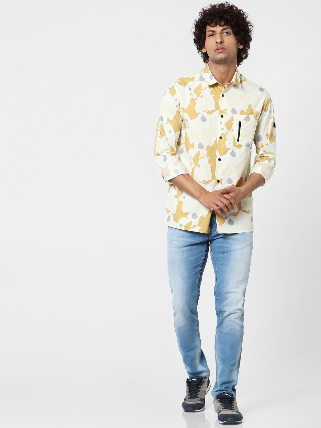 Yellow Abstract Print Full Sleeves Shirt