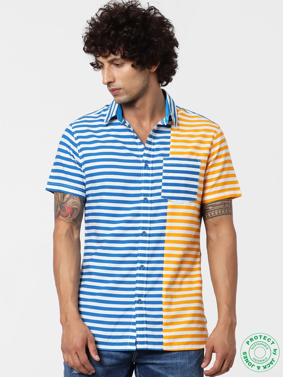 Blue & Orange Striped Short Sleeves Shirt - S