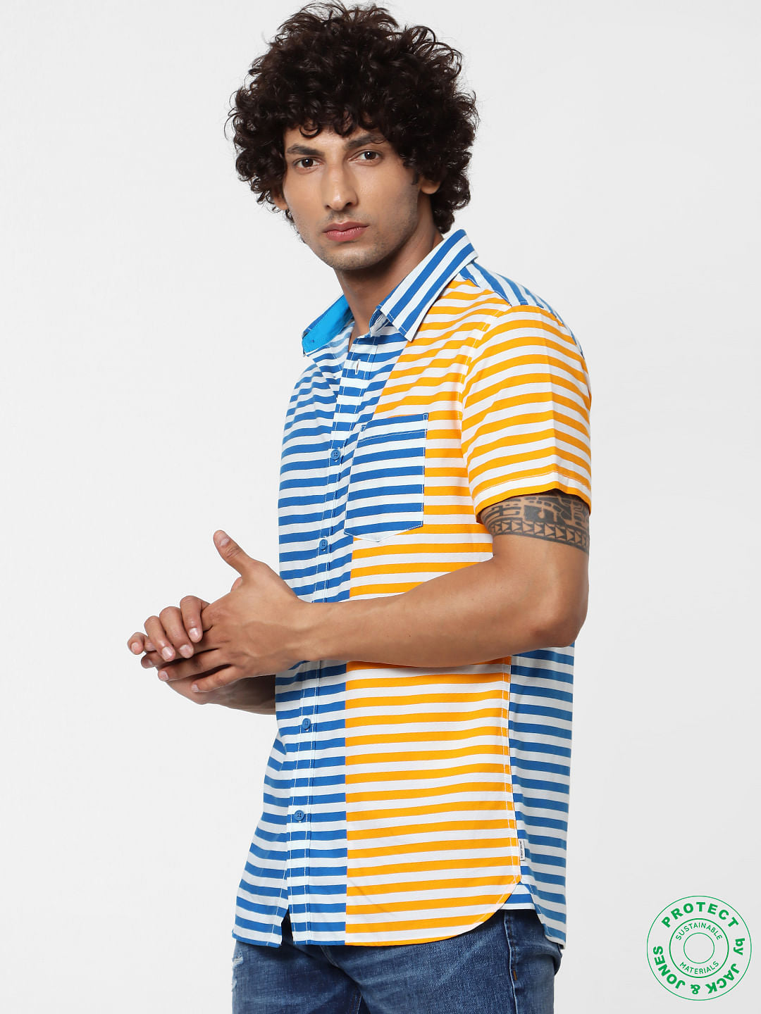Blue & Orange Striped Short Sleeves Shirt