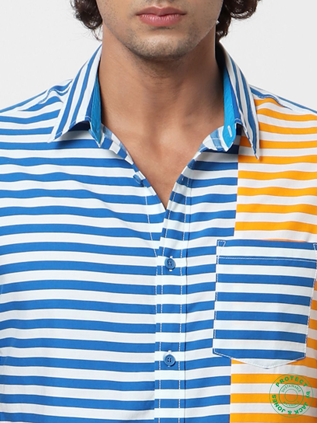 Blue & Orange Striped Short Sleeves Shirt