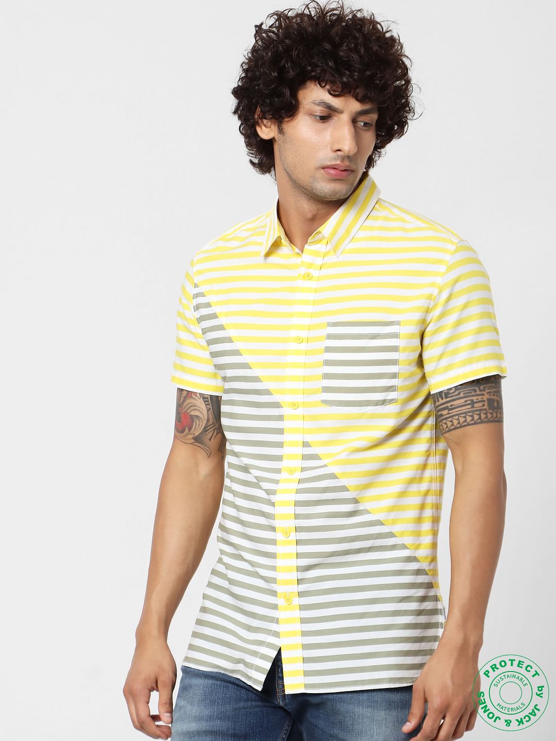 Yellow & Grey Striped Short Sleeves Shirt - S