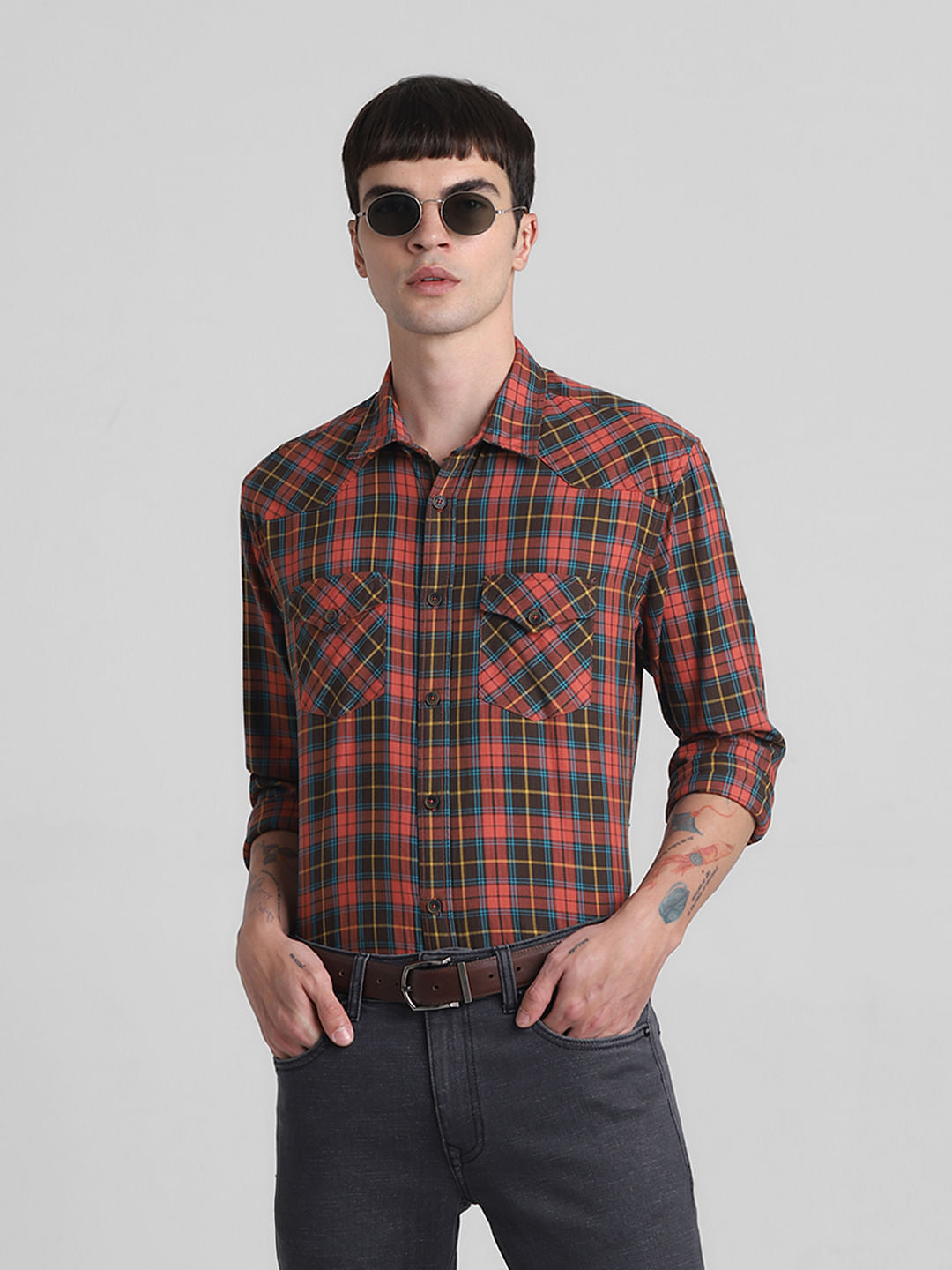 Brown Check Full Sleeves Shirt - M