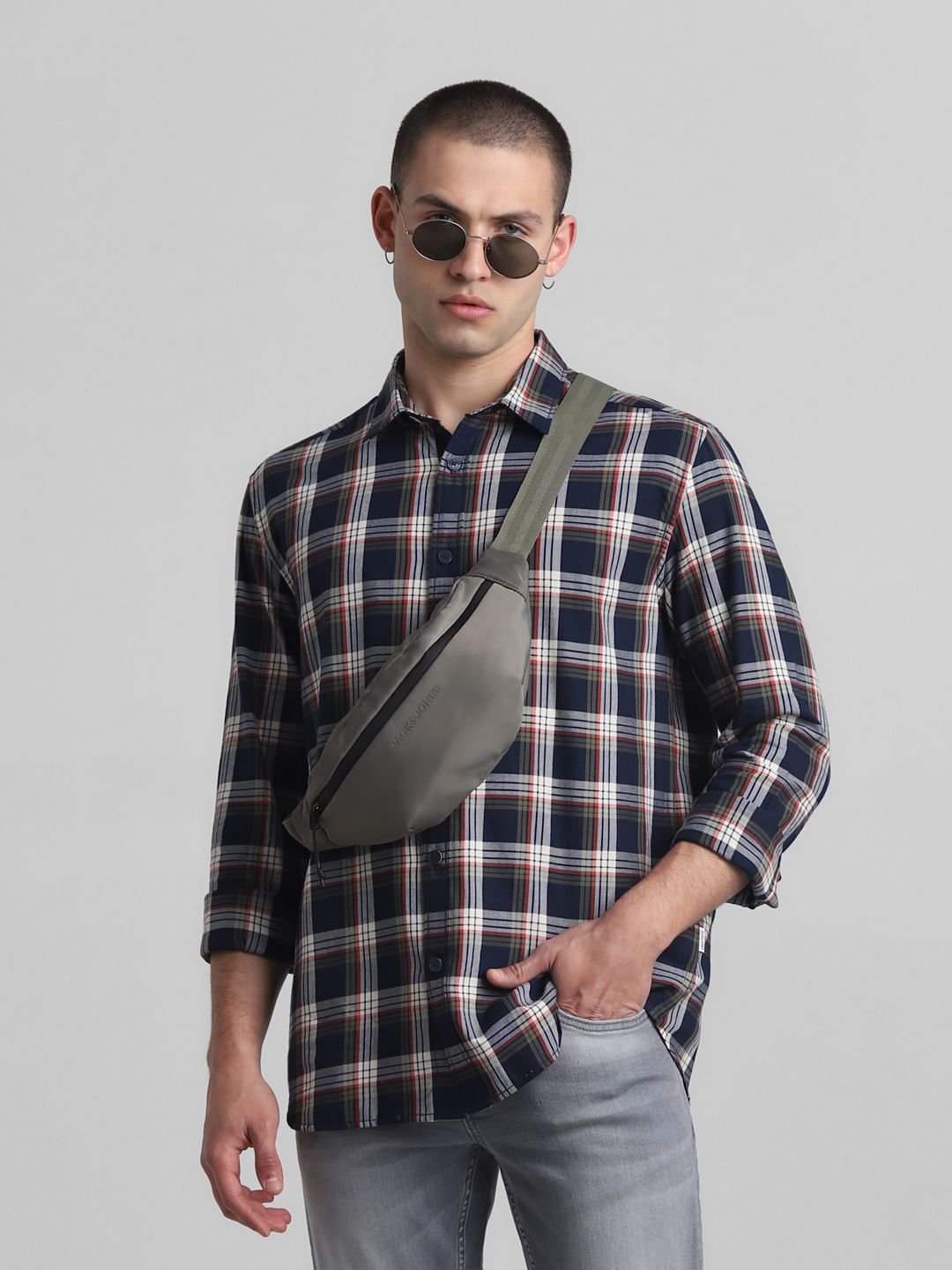 Navy Blue Check Full Sleeves Shirt - S