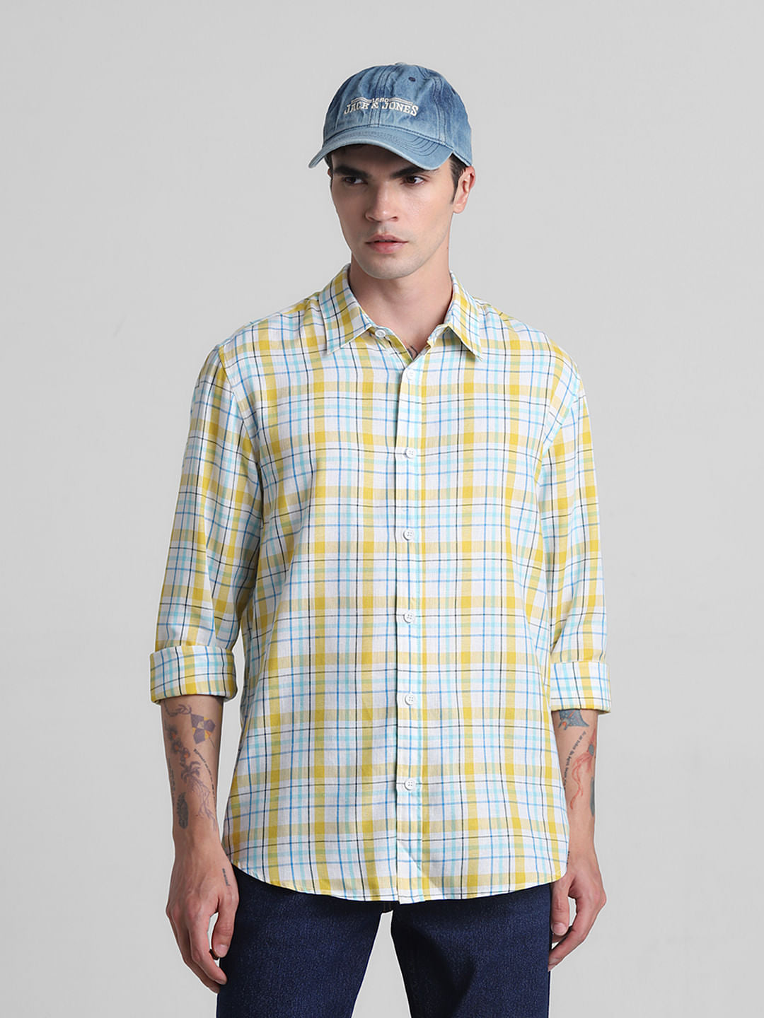 Yellow & Blue Check Full Sleeves Shirt - M