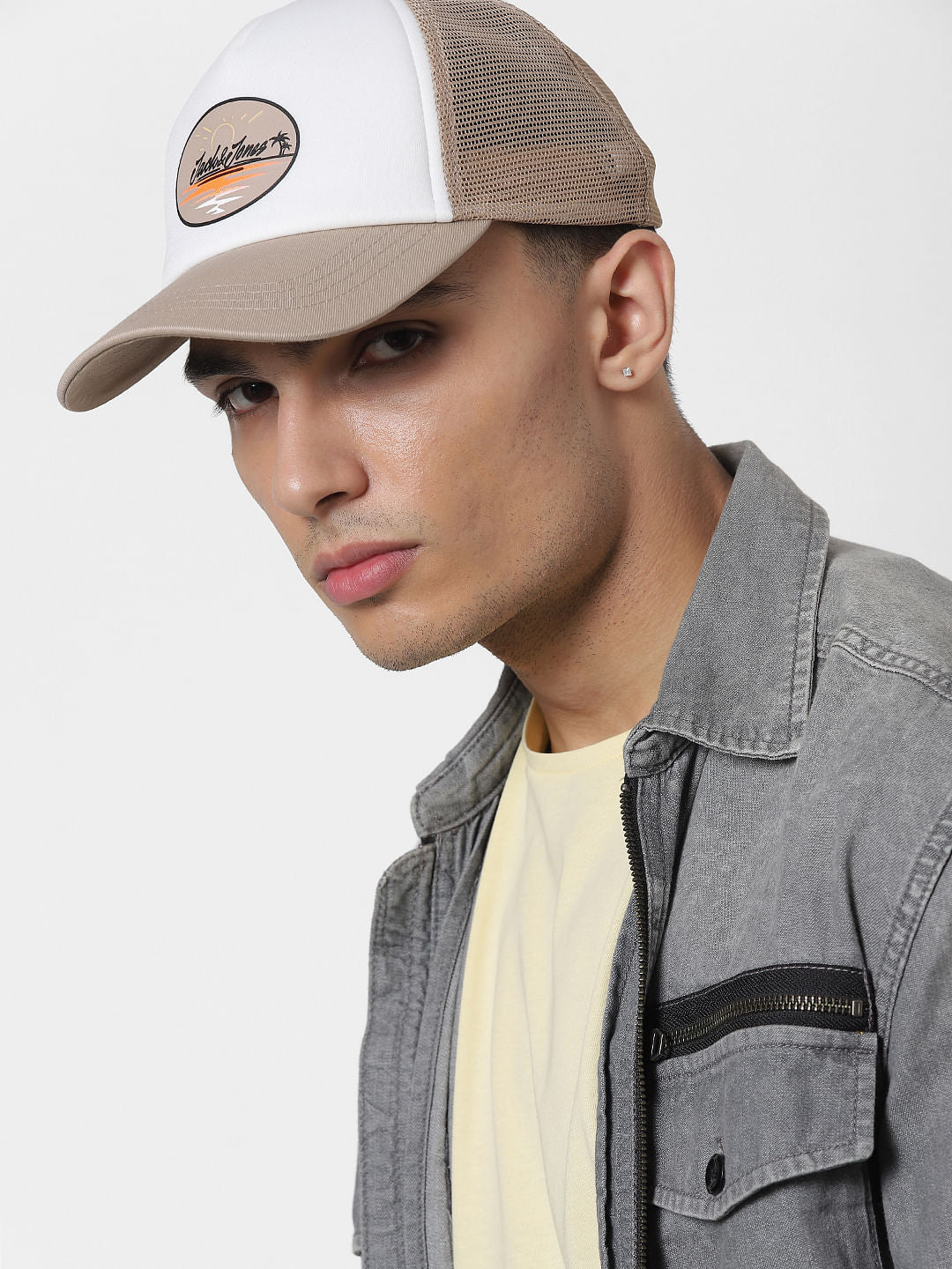 White Logo Print Trucker Cap