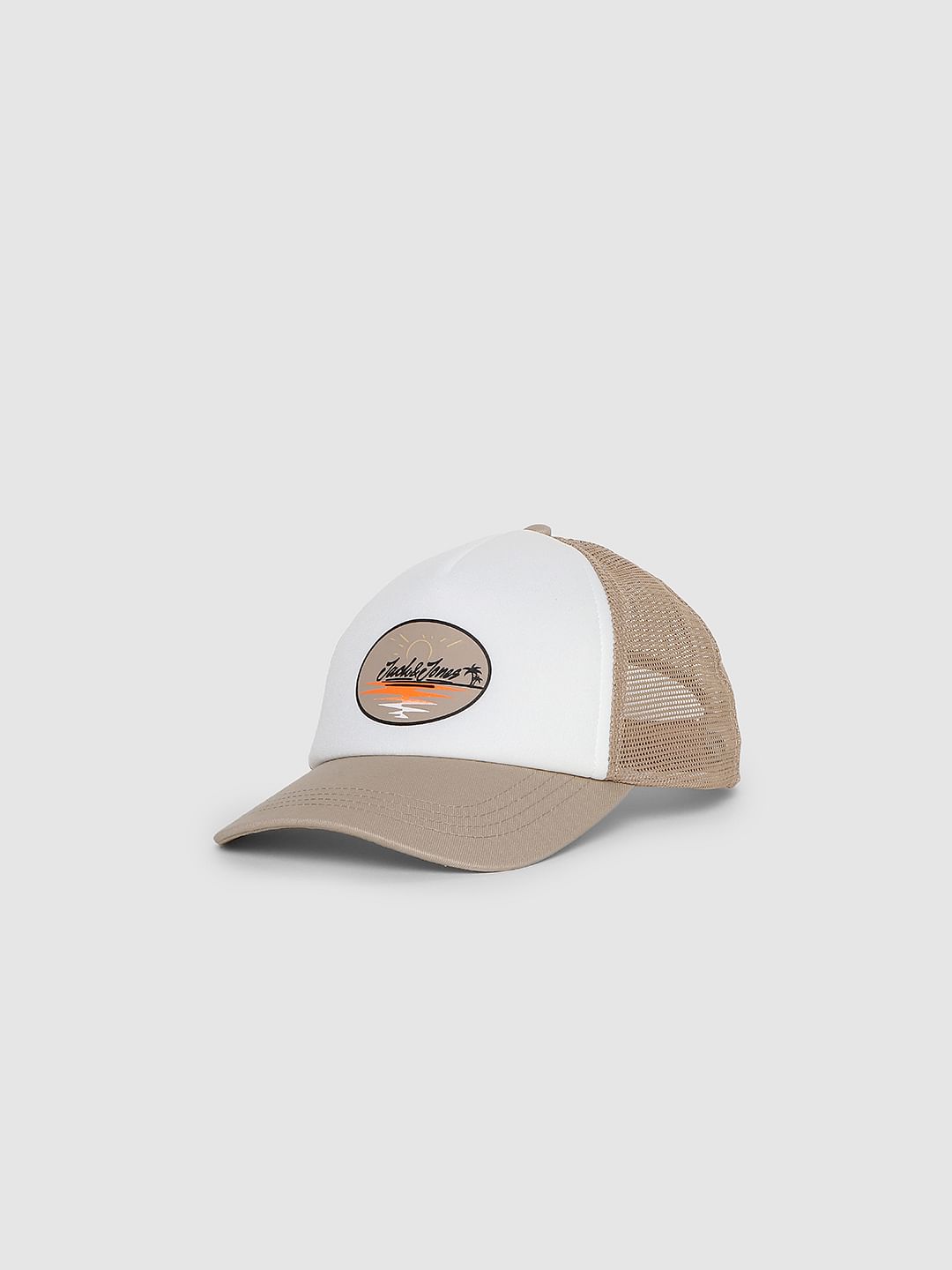 White Logo Print Trucker Cap
