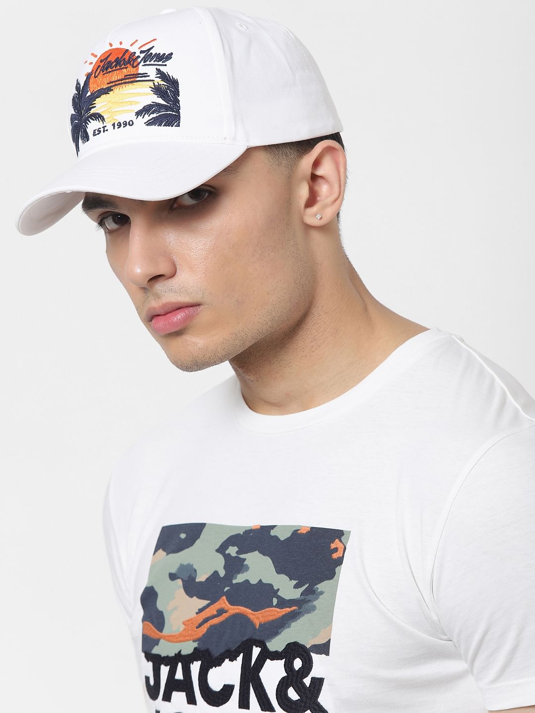 White Logo Print Baseball Cap