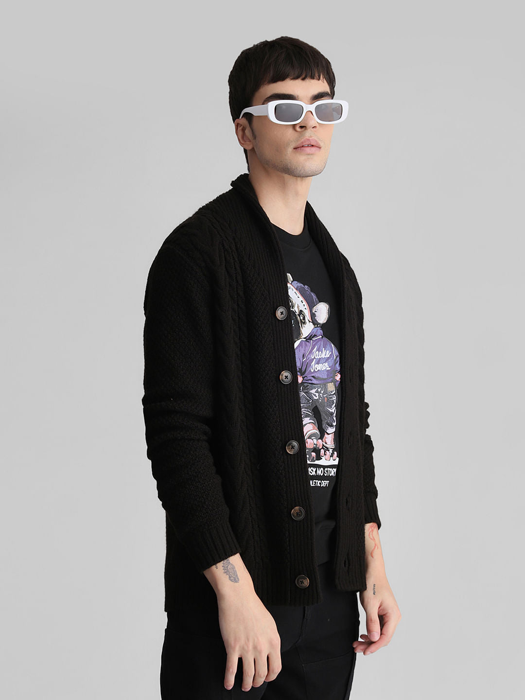 Black Knit Shawl Neck Cardigan - S