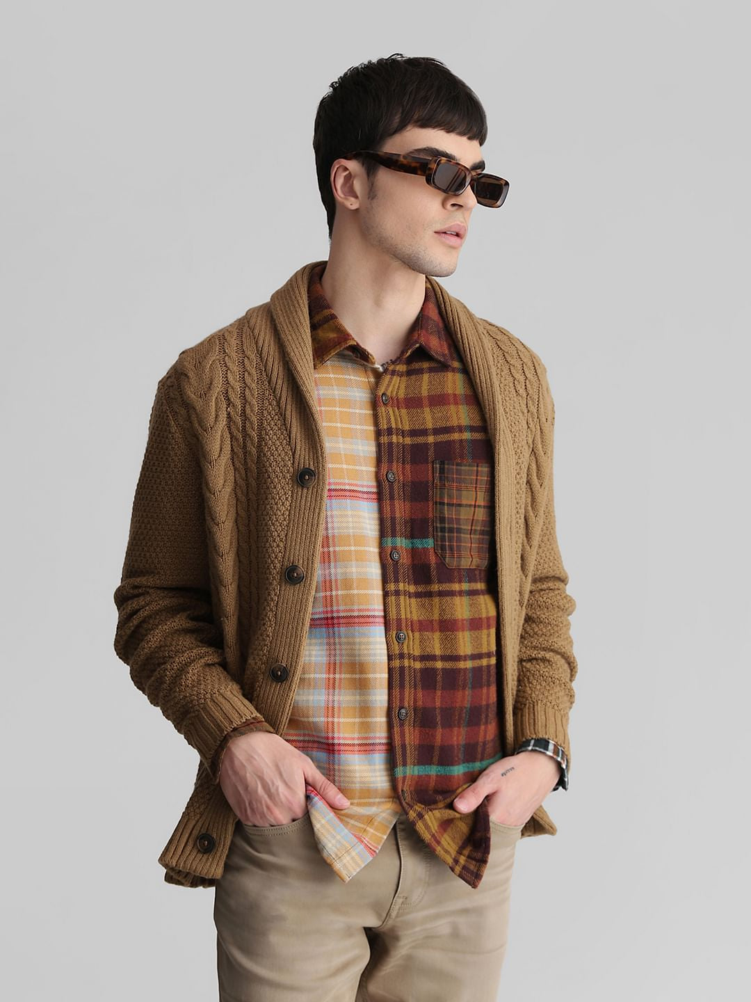 Brown Knit Shawl Neck Cardigan - S