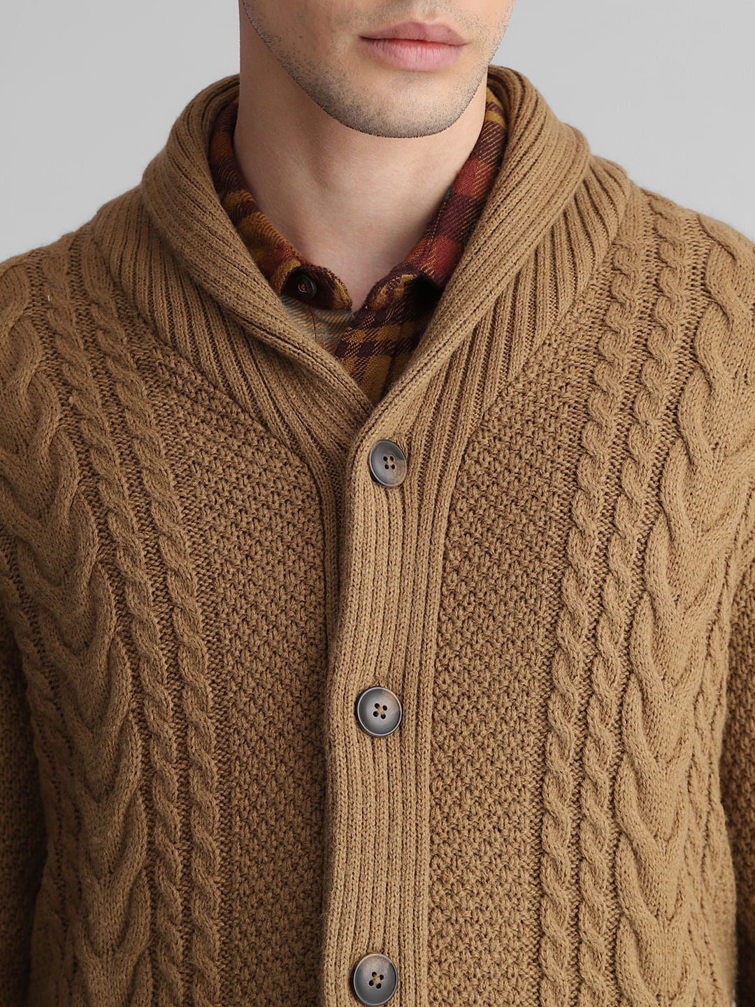 Brown Knit Shawl Neck Cardigan