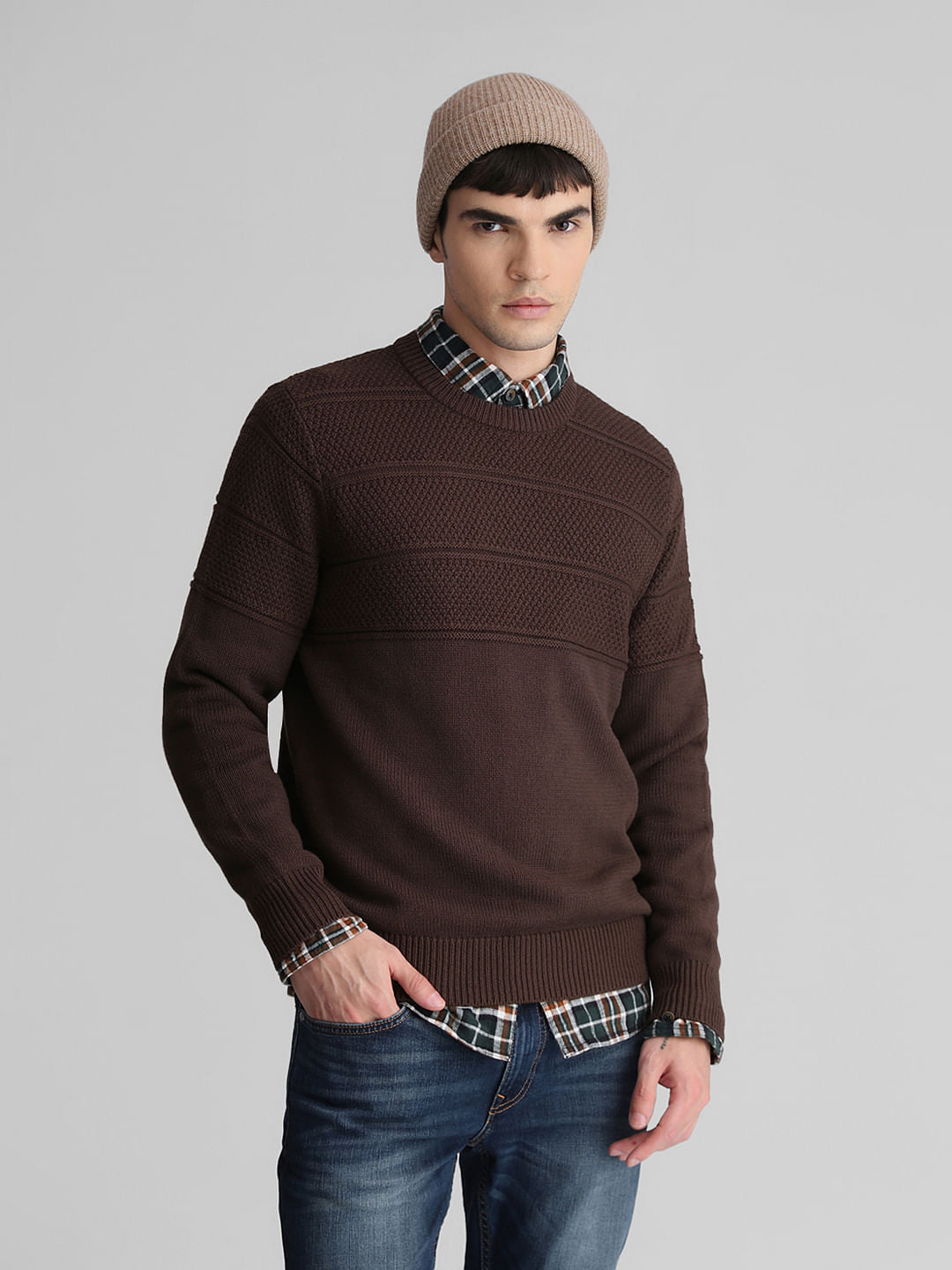 Brown Knit Crew Neck Sweater - S