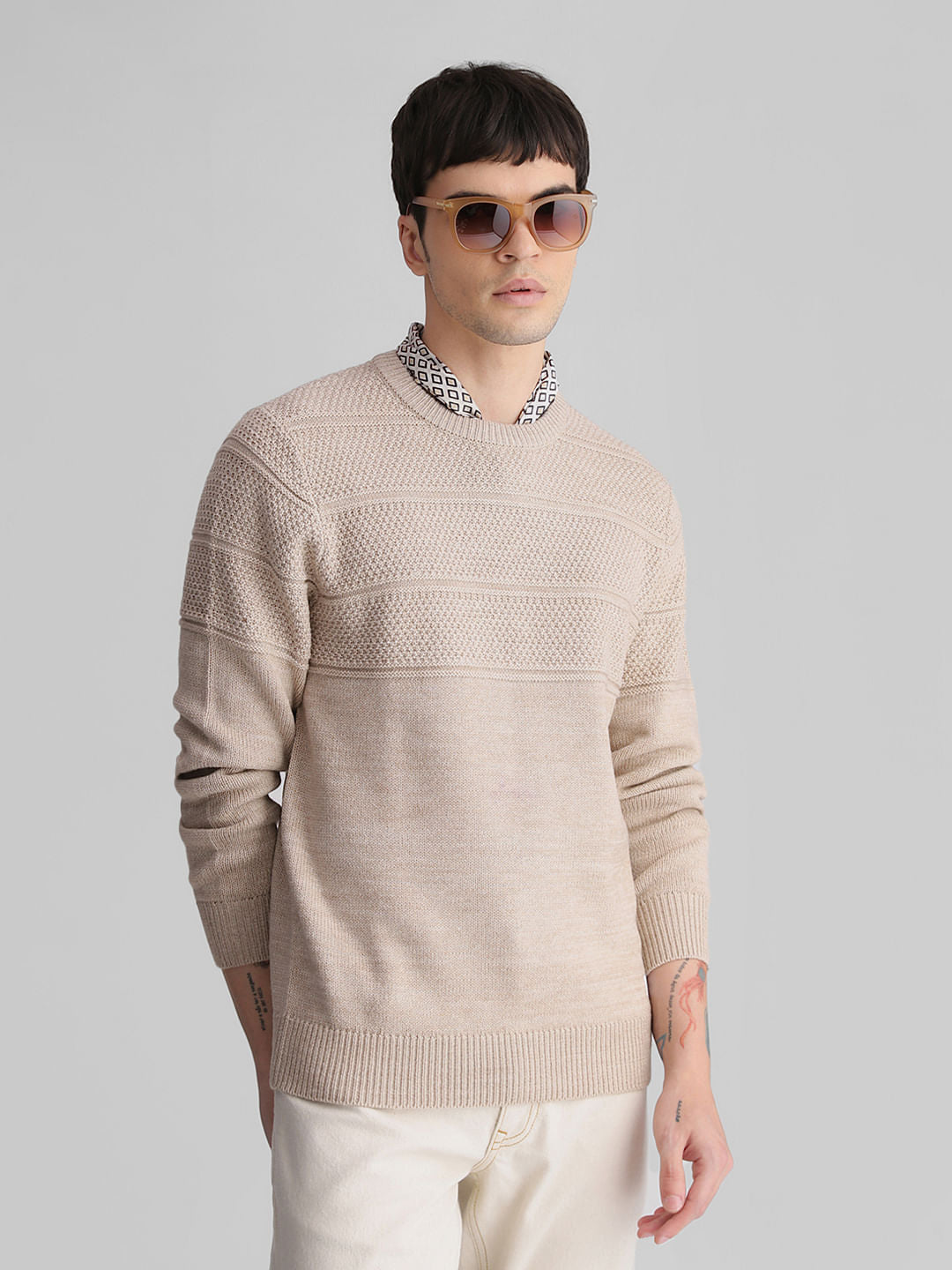Beige Knit Crew Neck Sweater - S