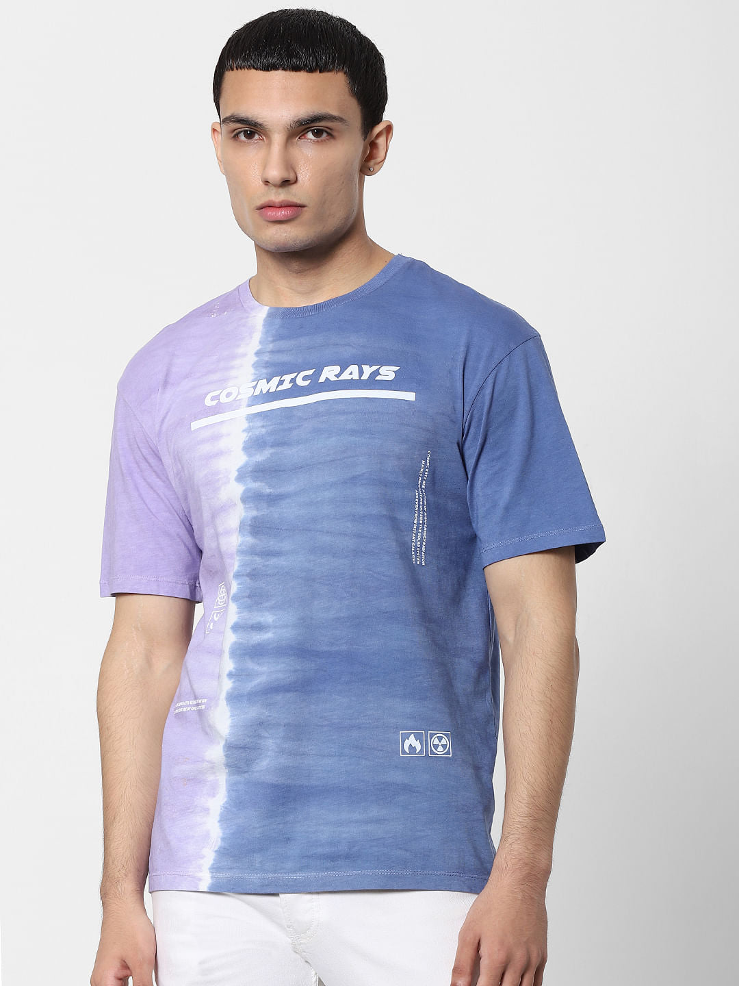 Blue Tie Dye Text Print Crew Neck T-shirt
