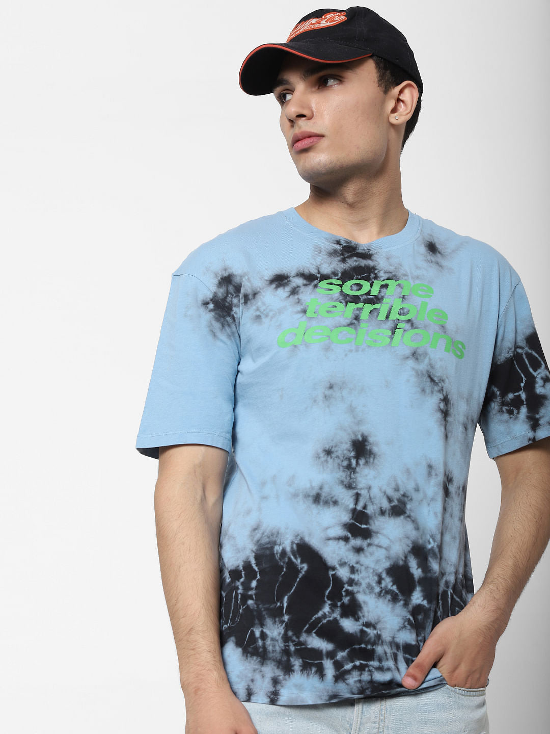 Blue Tie Dye Slongan Print Crew Neck T-shirt - S