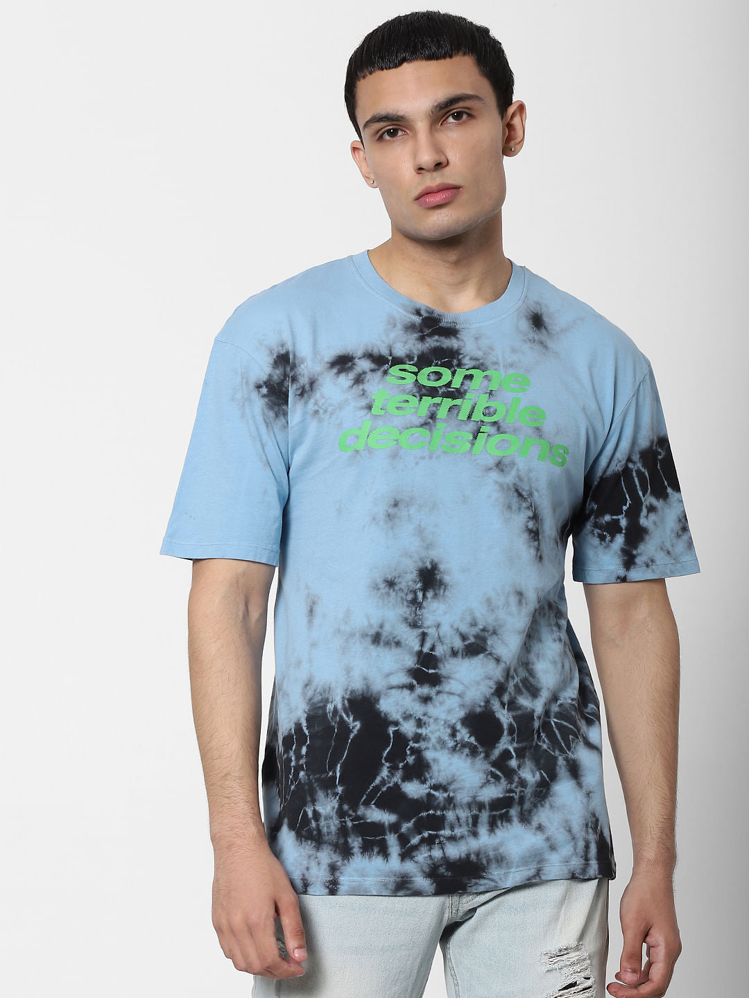 Blue Tie Dye Slongan Print Crew Neck T-shirt