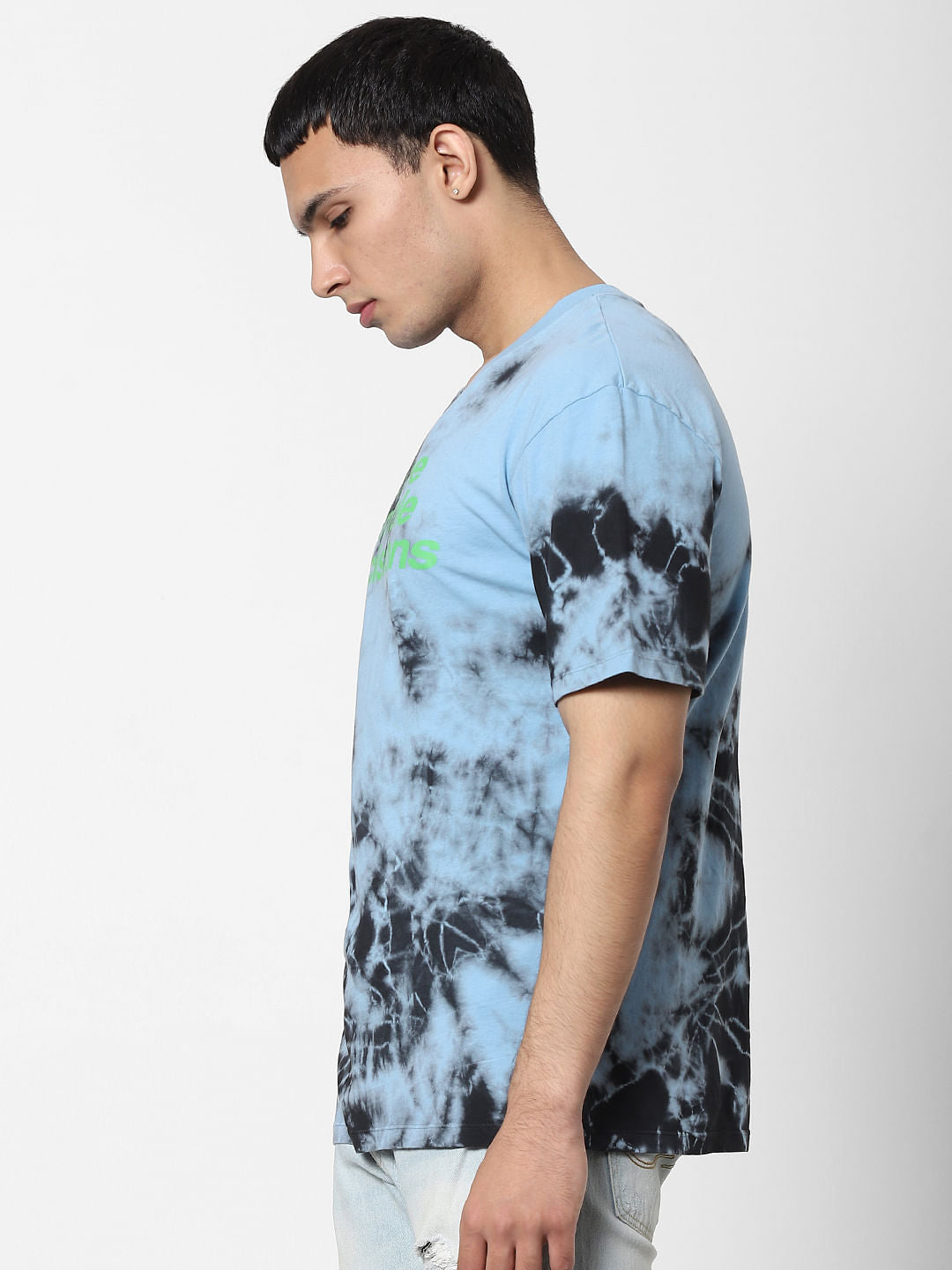 Blue Tie Dye Slongan Print Crew Neck T-shirt