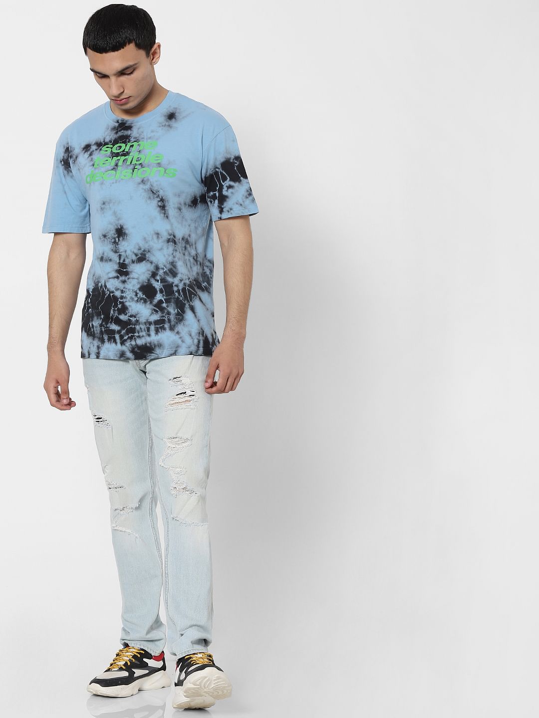 Blue Tie Dye Slongan Print Crew Neck T-shirt