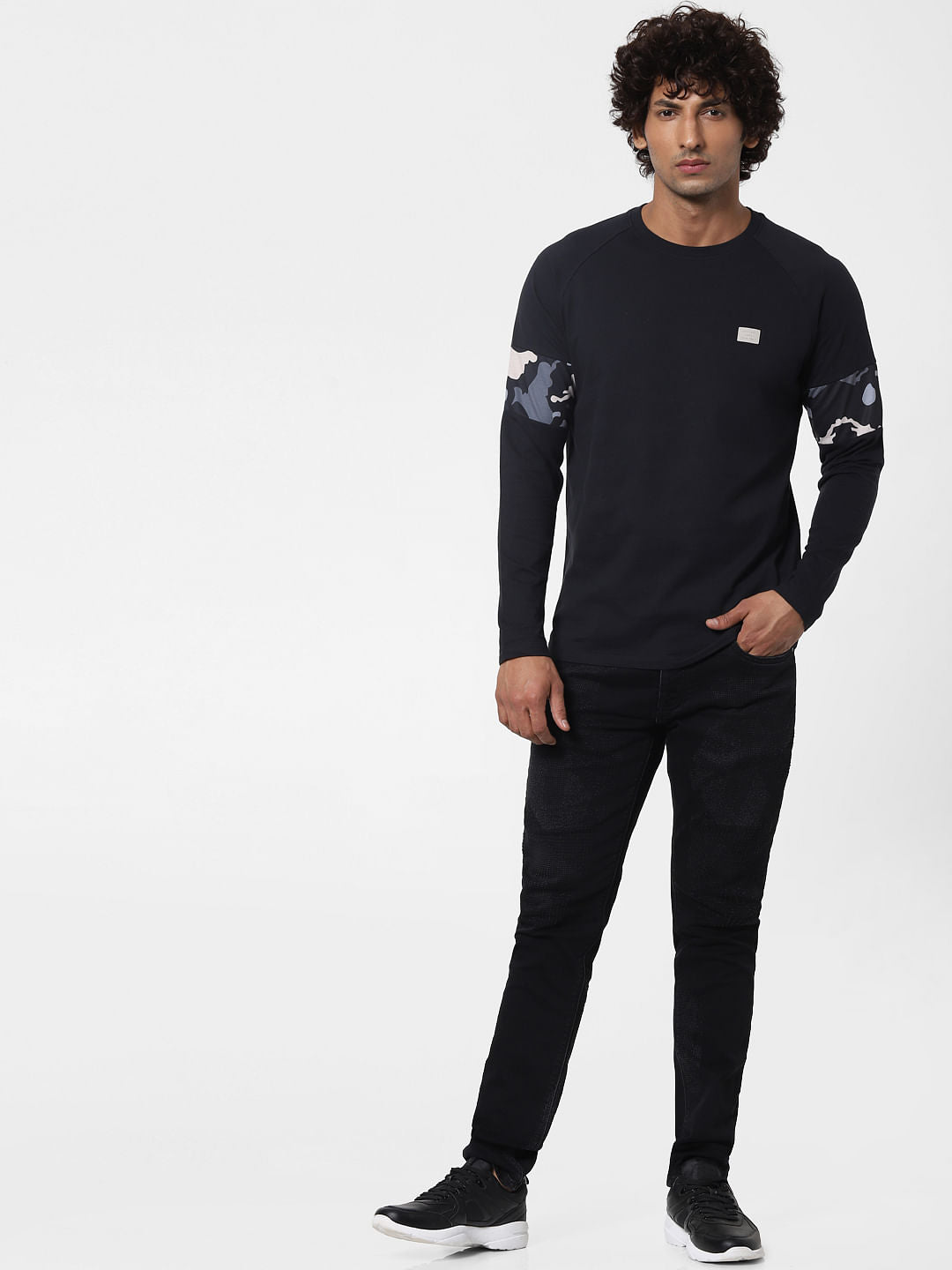 Black Sleeve Print Full Sleeves T-shirt