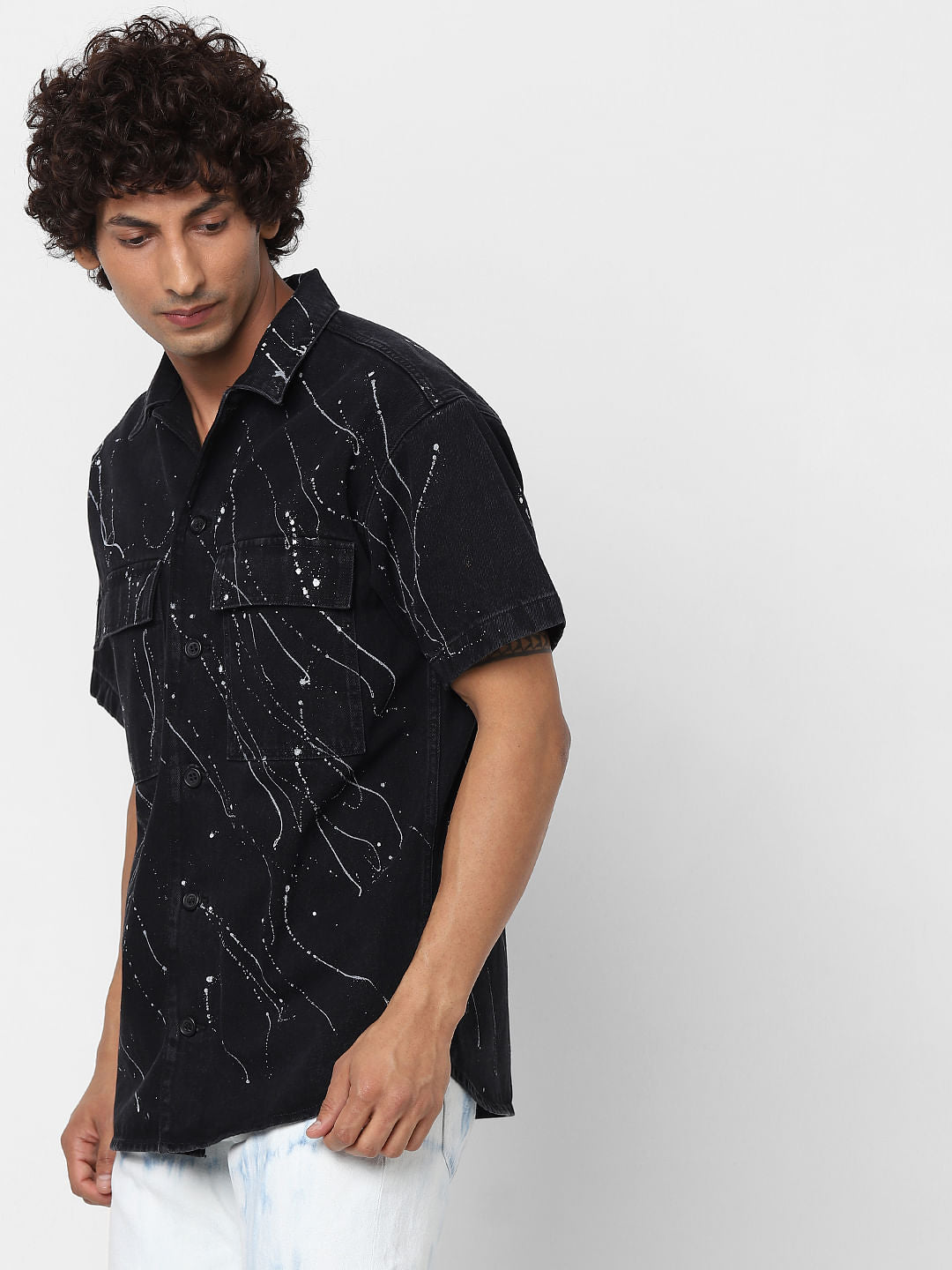 Black Tie Dye Printed Denim Shirt