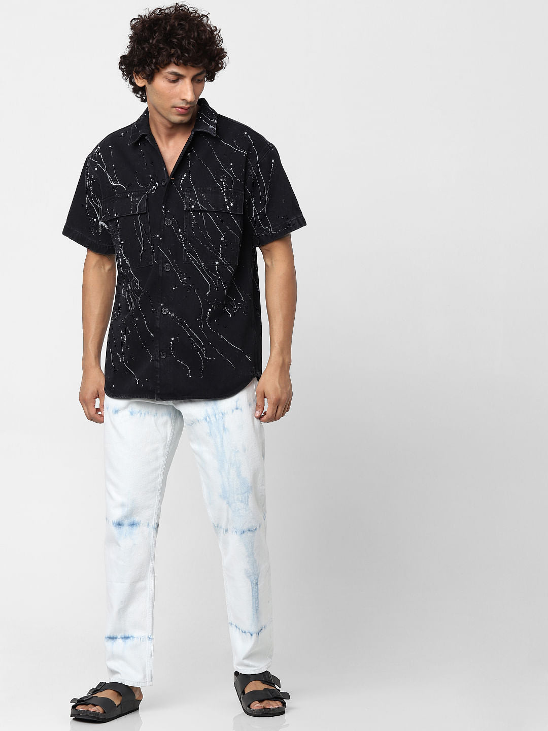 Black Tie Dye Printed Denim Shirt