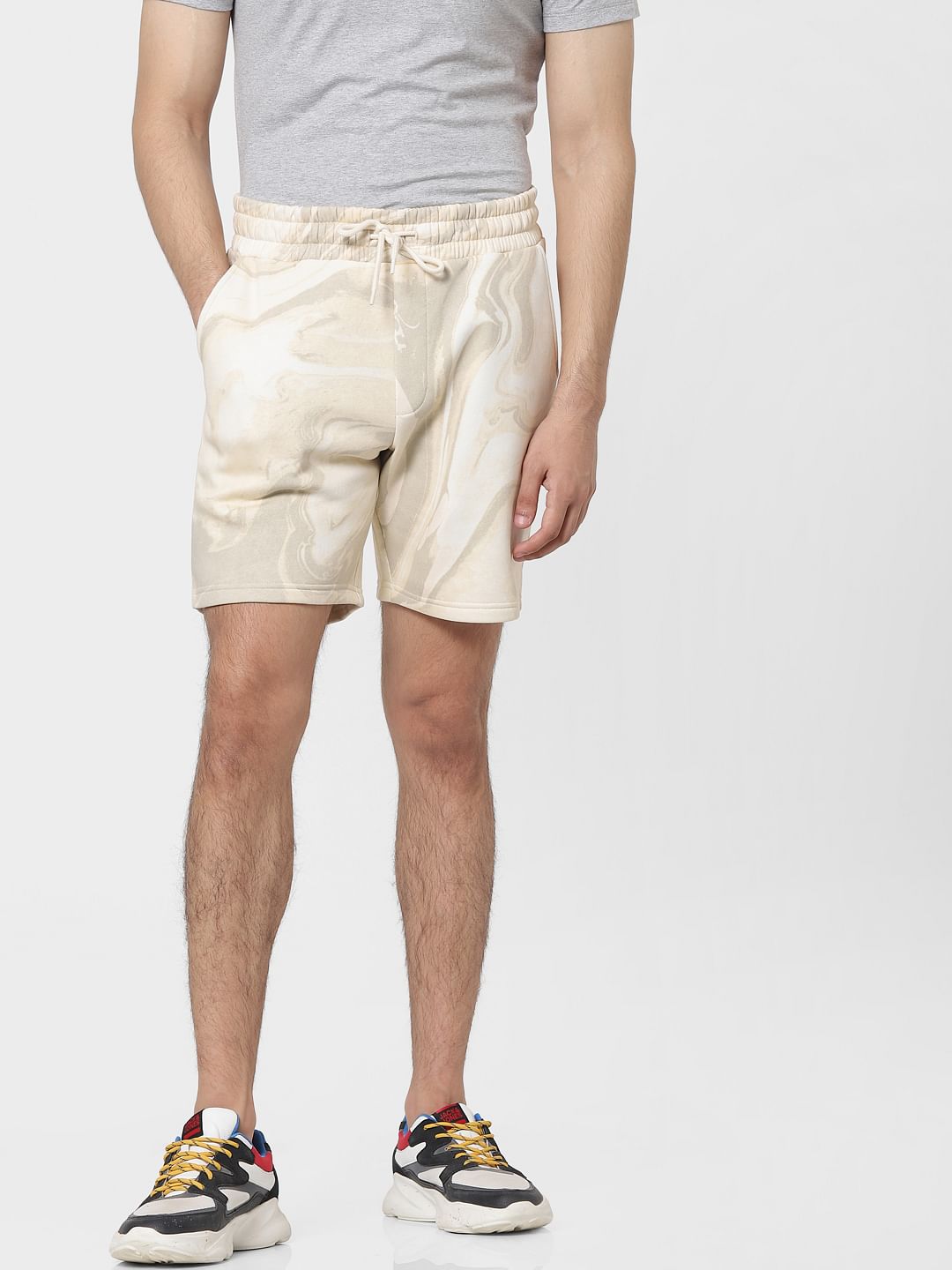 Beige Mid Rise Tie Dye Sweatshorts
