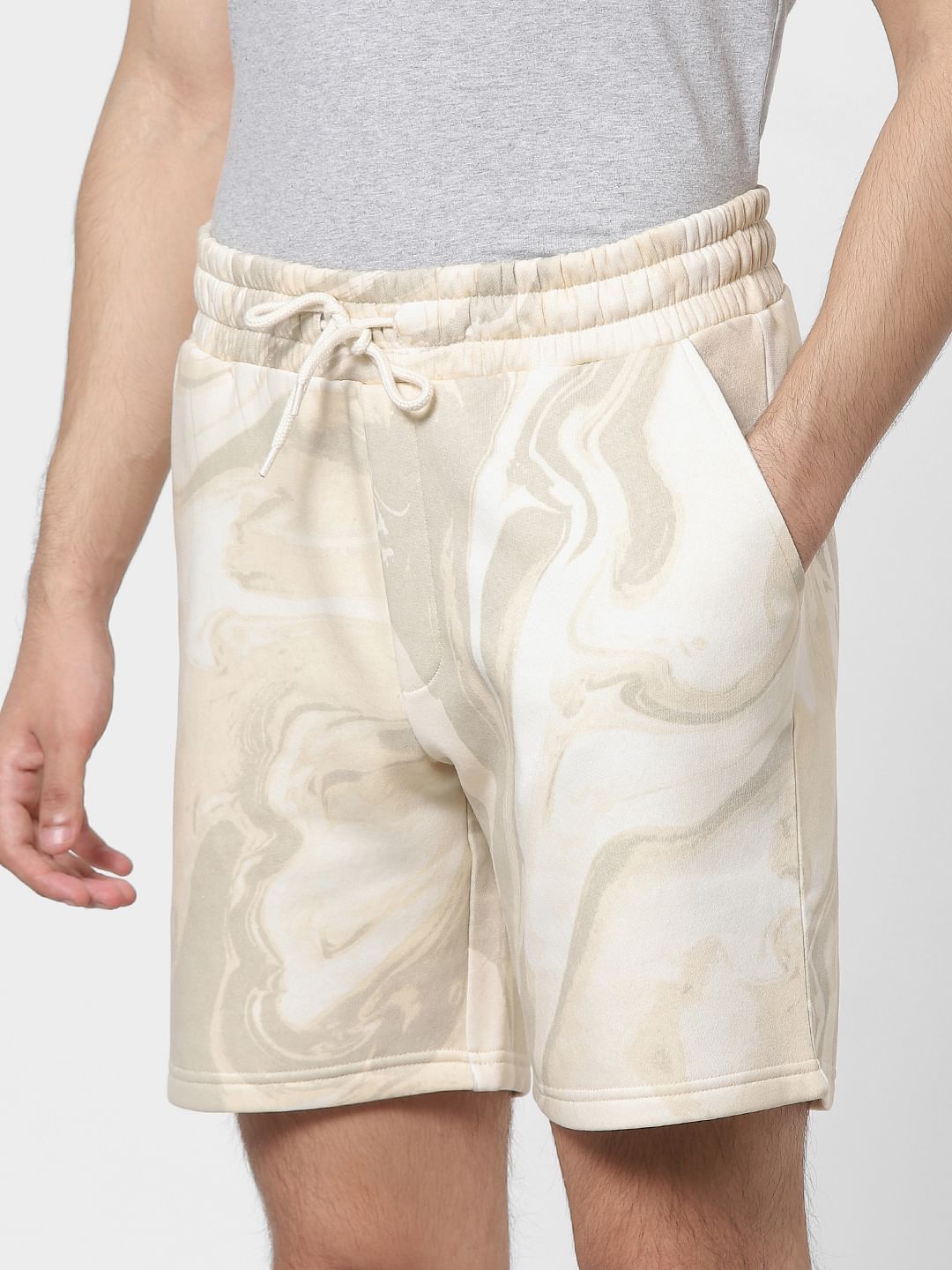 Beige Mid Rise Tie Dye Sweatshorts