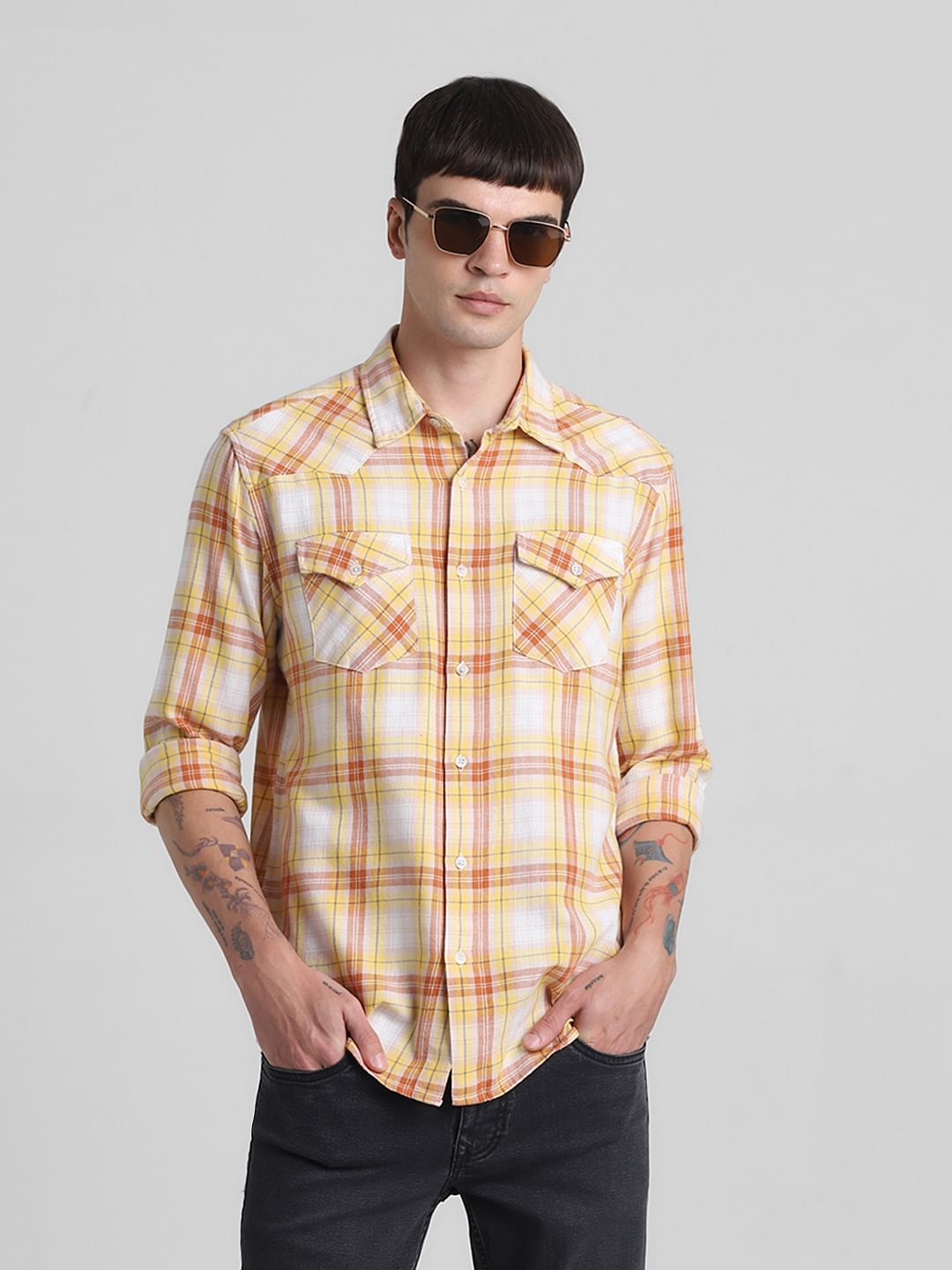 Yellow Check Full Sleeves Shirt - XL
