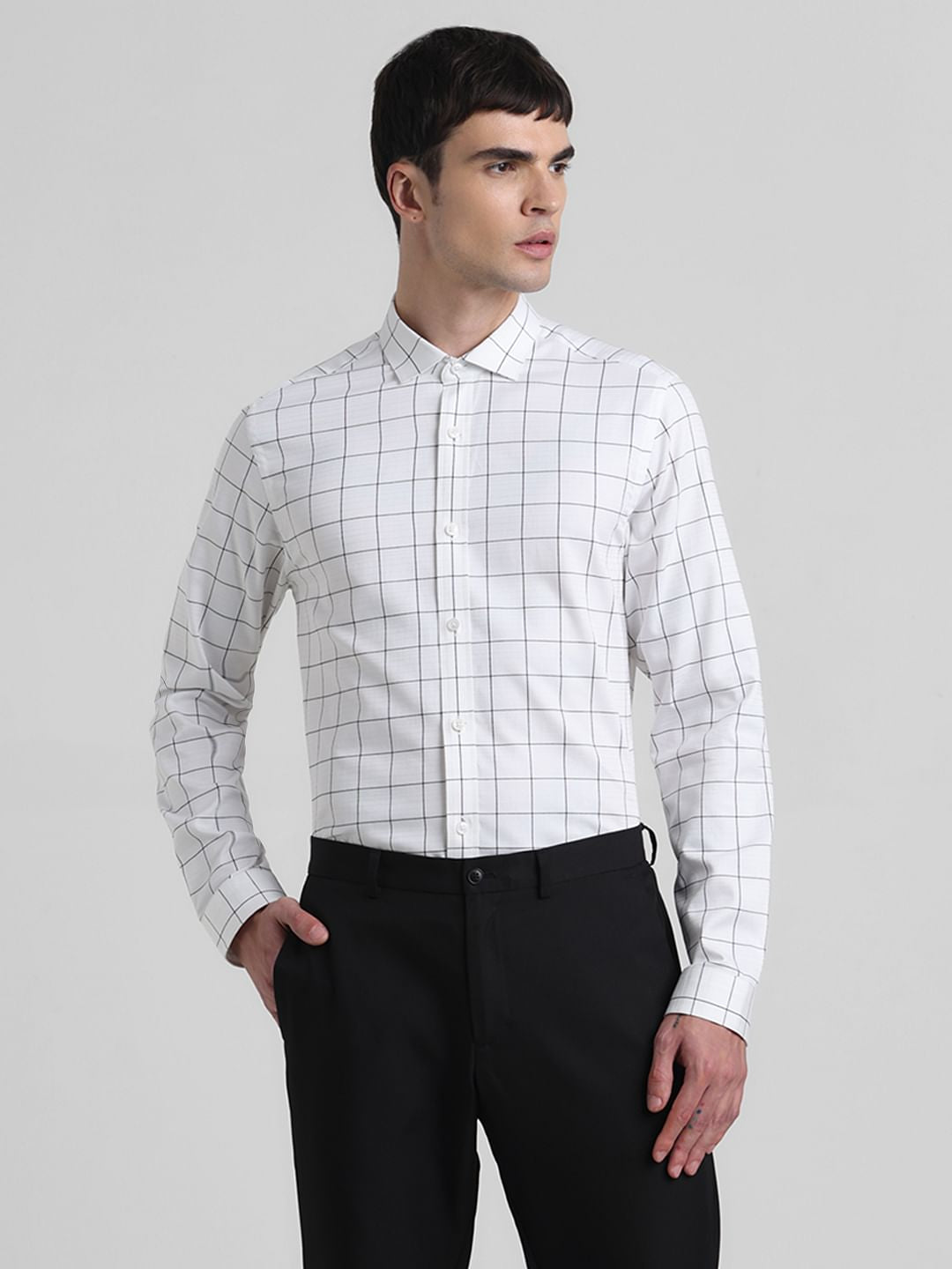 White Dobby Check Full Sleeves Shirt
