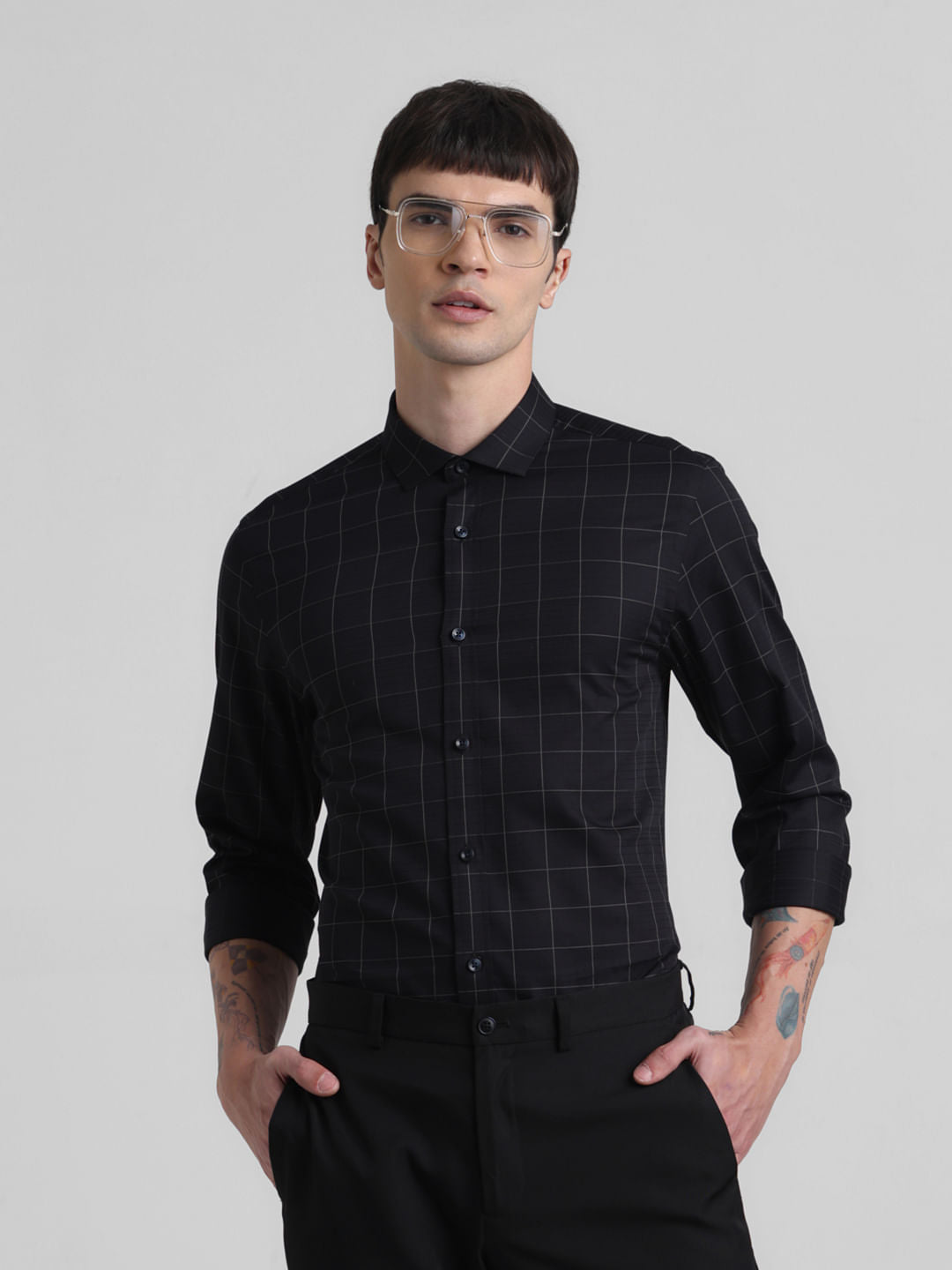 Black Dobby Check Full Sleeves Shirt - S