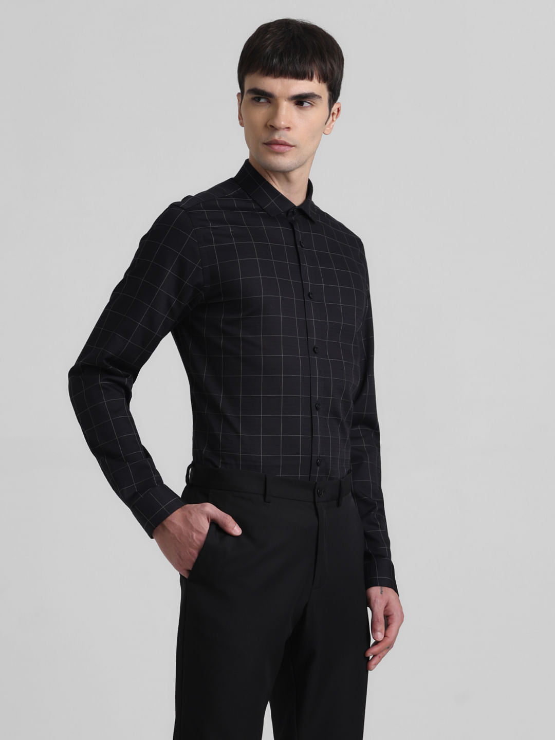 Black Dobby Check Full Sleeves Shirt