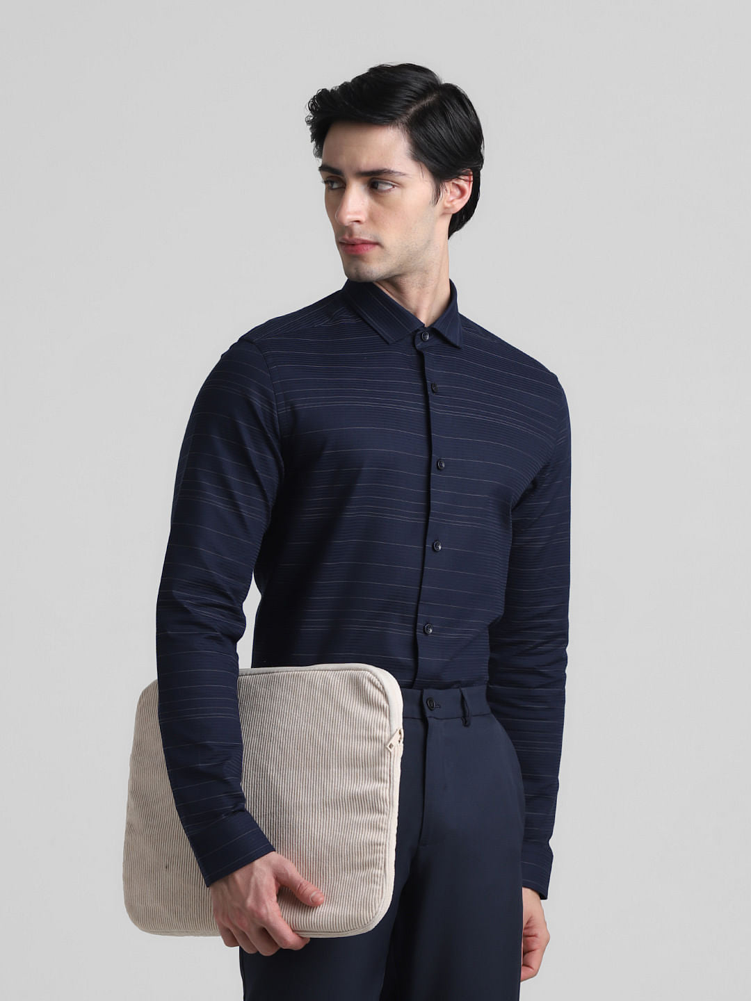 Navy Blue Striped Full Sleeves Shirt - S