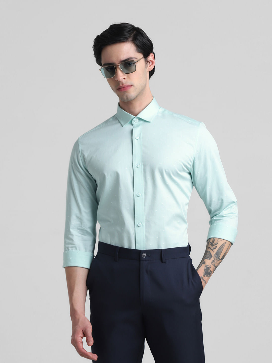 Light Green Dobby Full Sleeves Shirt - L
