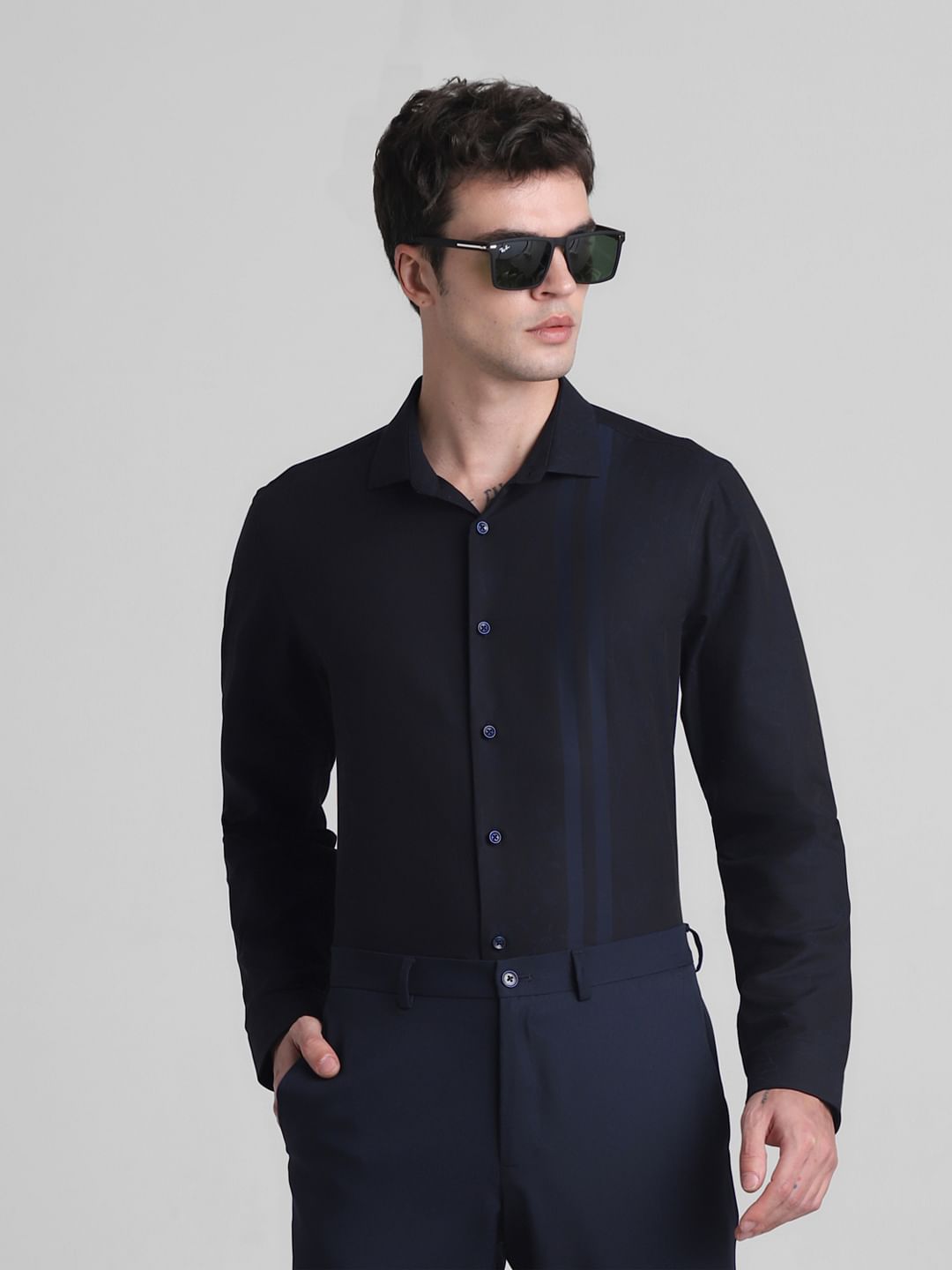 Navy Blue Dobby Full Sleeves Shirt - S