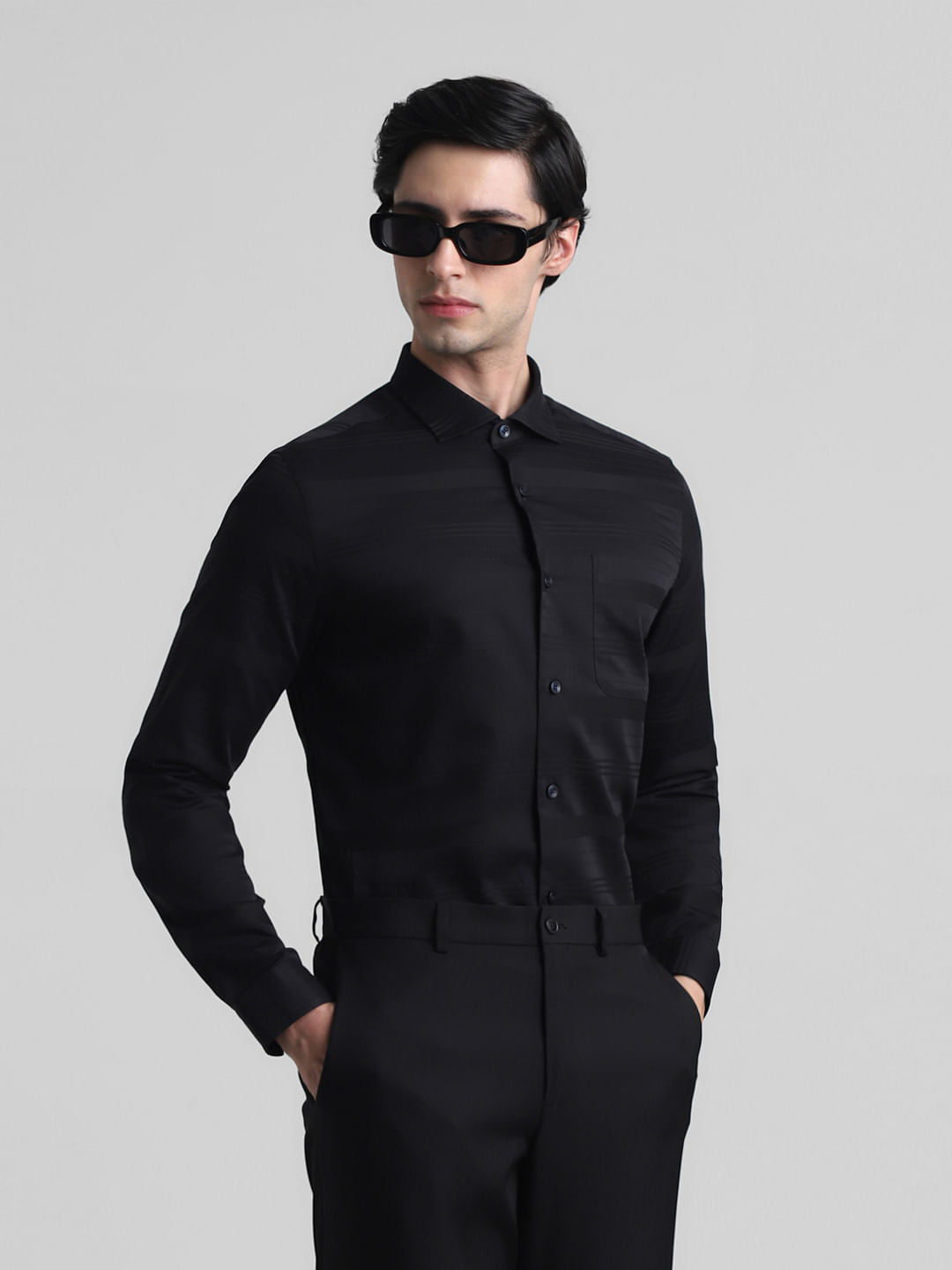 Black Dobby Striped Full Sleeves Shirt - S