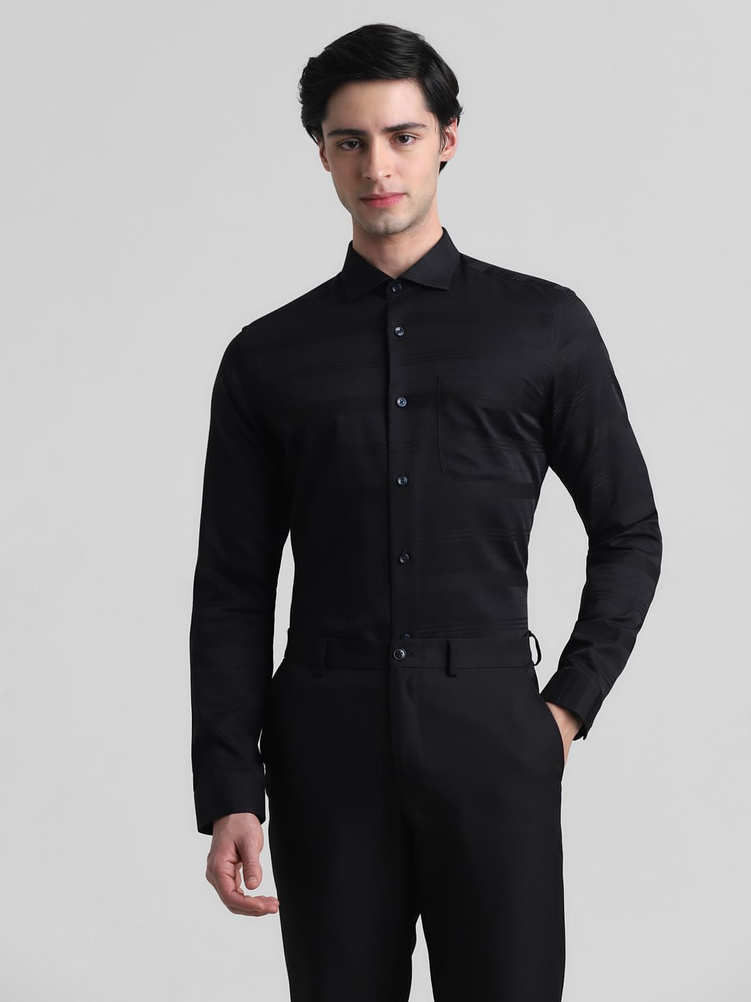 Black Dobby Striped Full Sleeves Shirt
