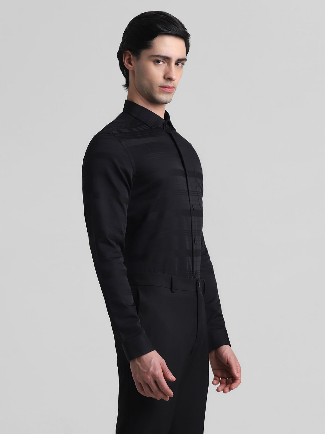Black Dobby Striped Full Sleeves Shirt